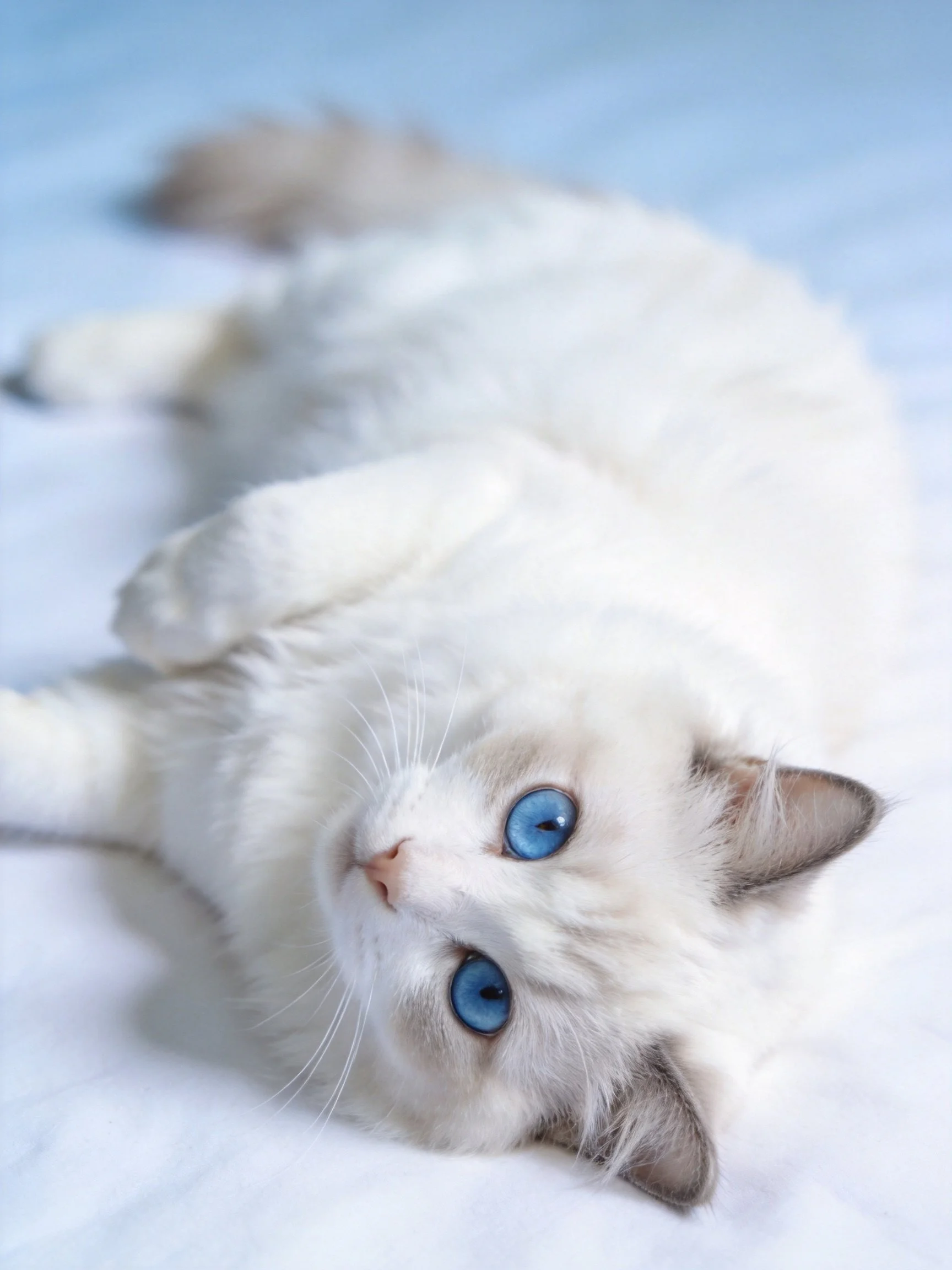 A white cat with blue eyes relaxes on a soft, light-colored surface.