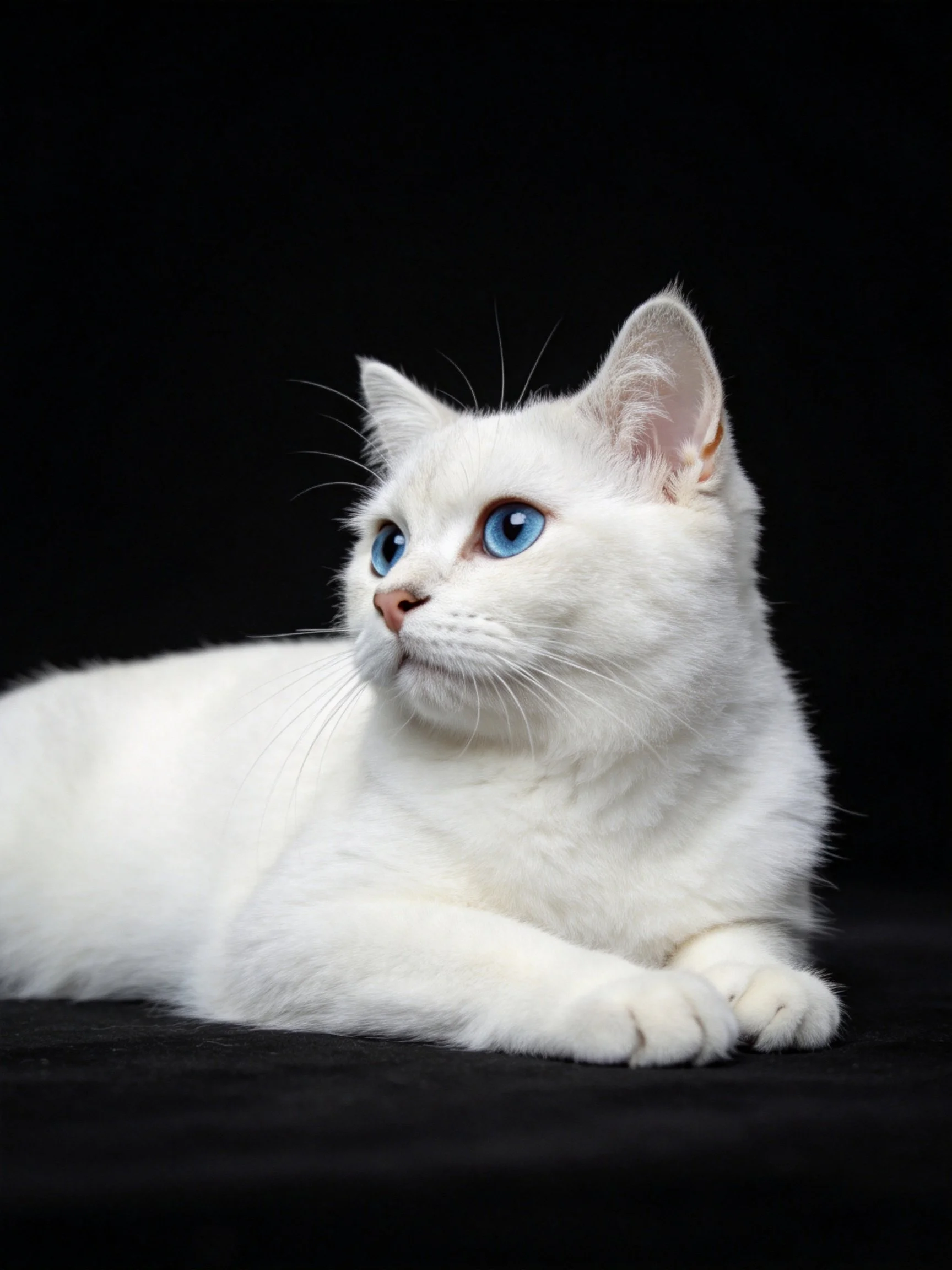 A white cat with blue eyes rests calmly on a dark background.
