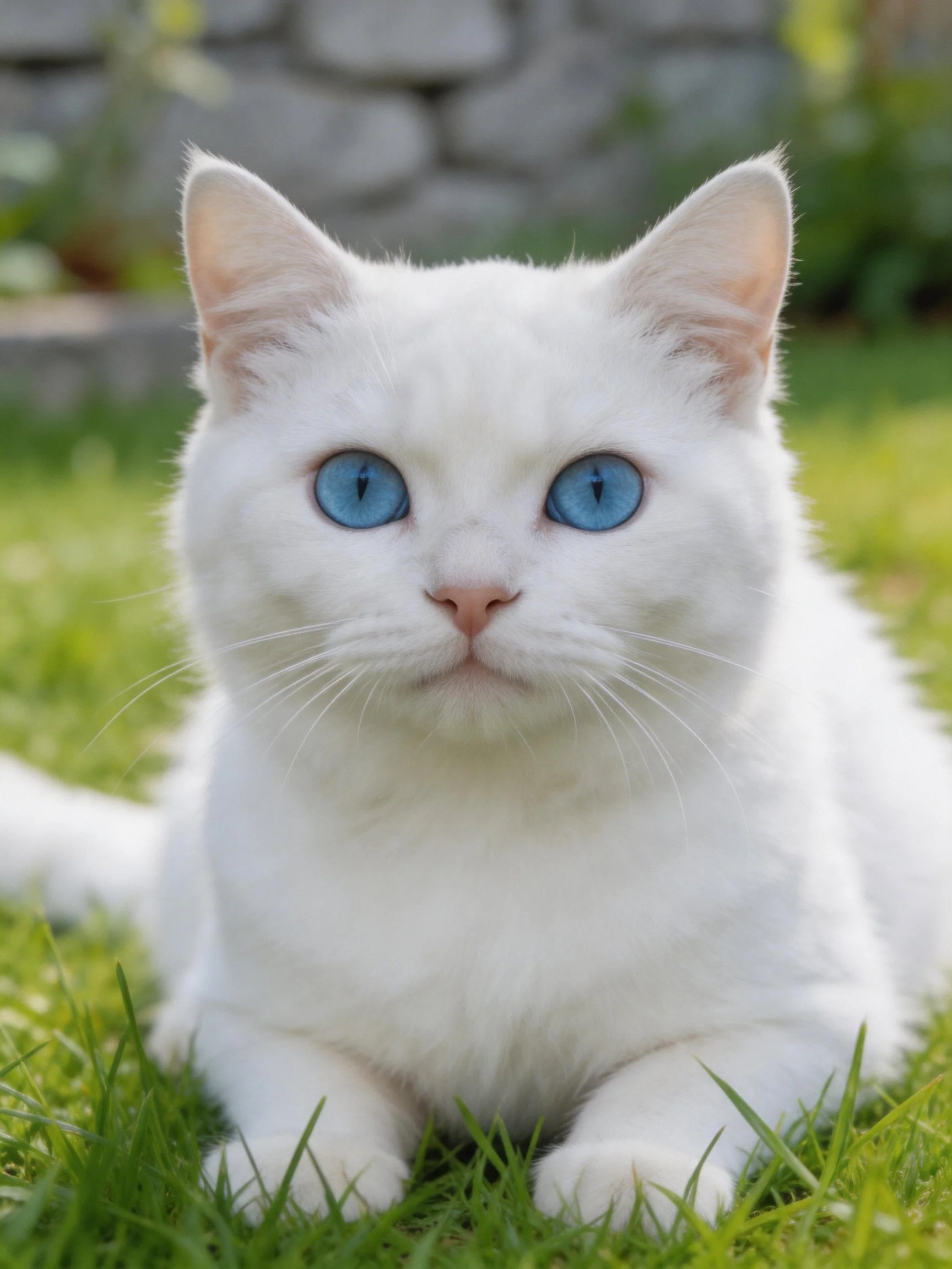 A white cat with blue eyes sits peacefully on vibrant green grass.