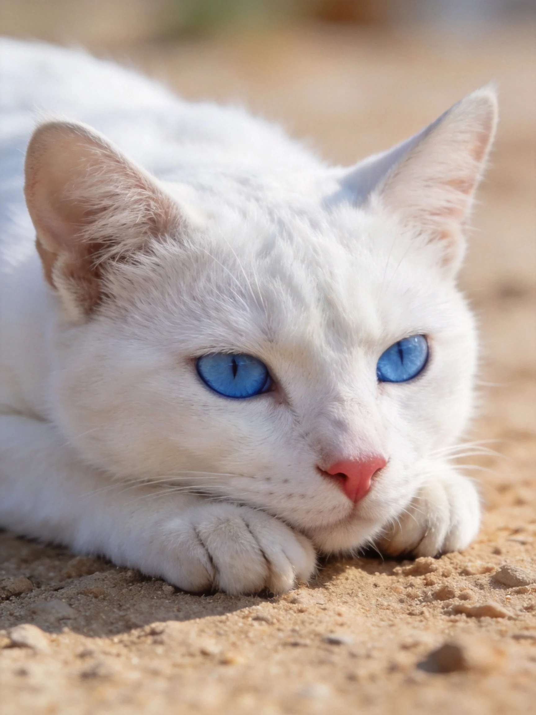 A white cat with striking blue eyes lies on sandy terrain.