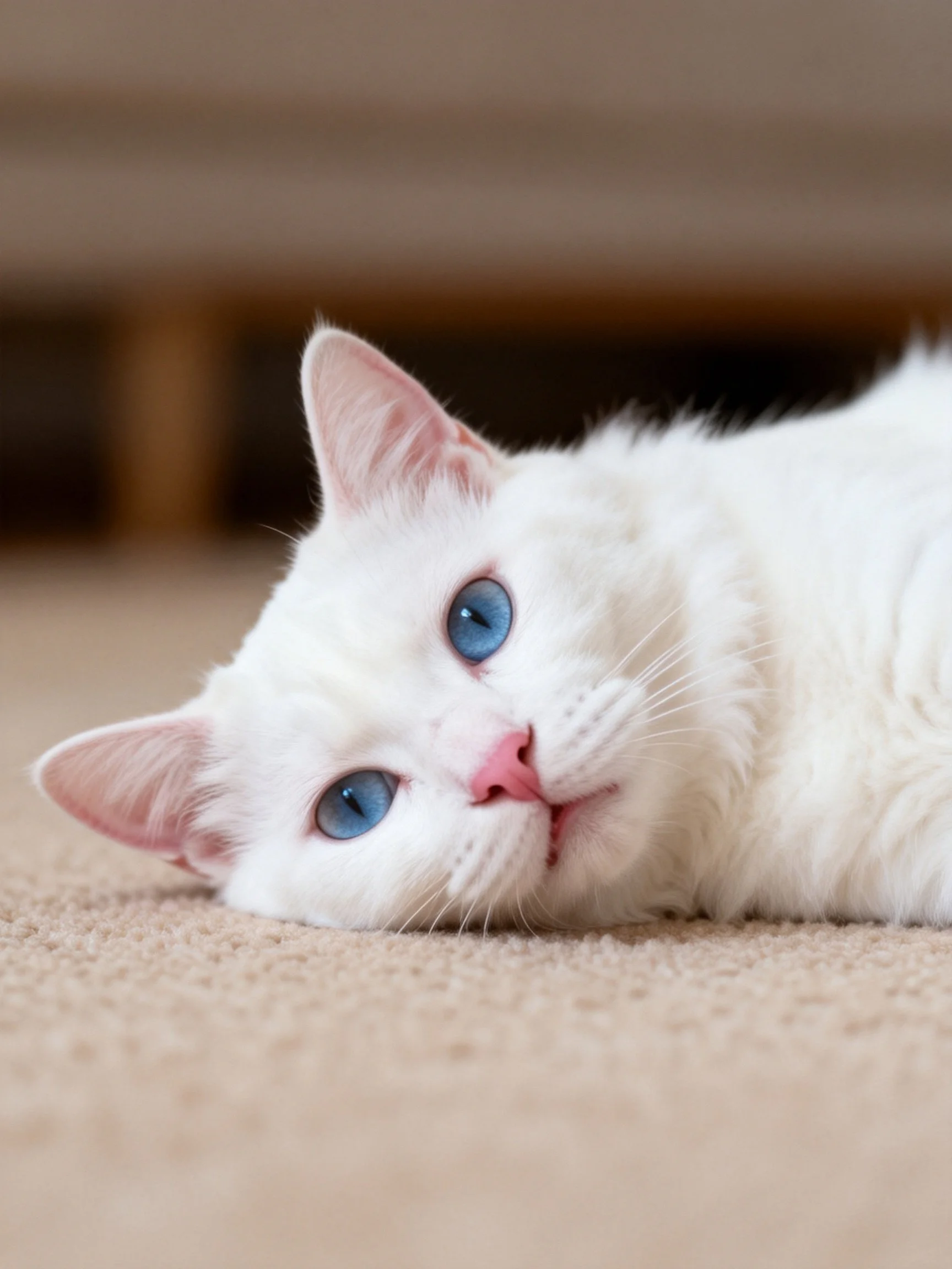 A white cat with blue eyes relaxes on a carpet in a cozy indoor area.