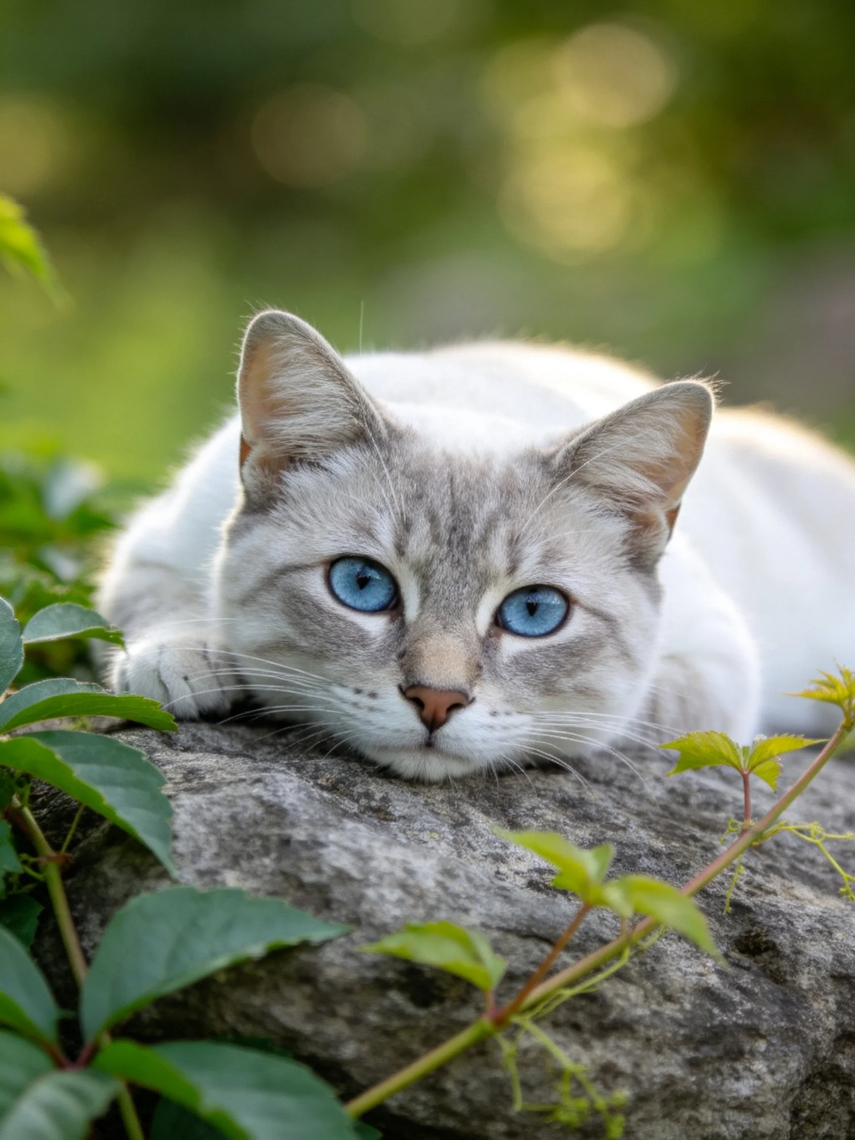 A white cat with blue eyes rests on a stone among greenery.