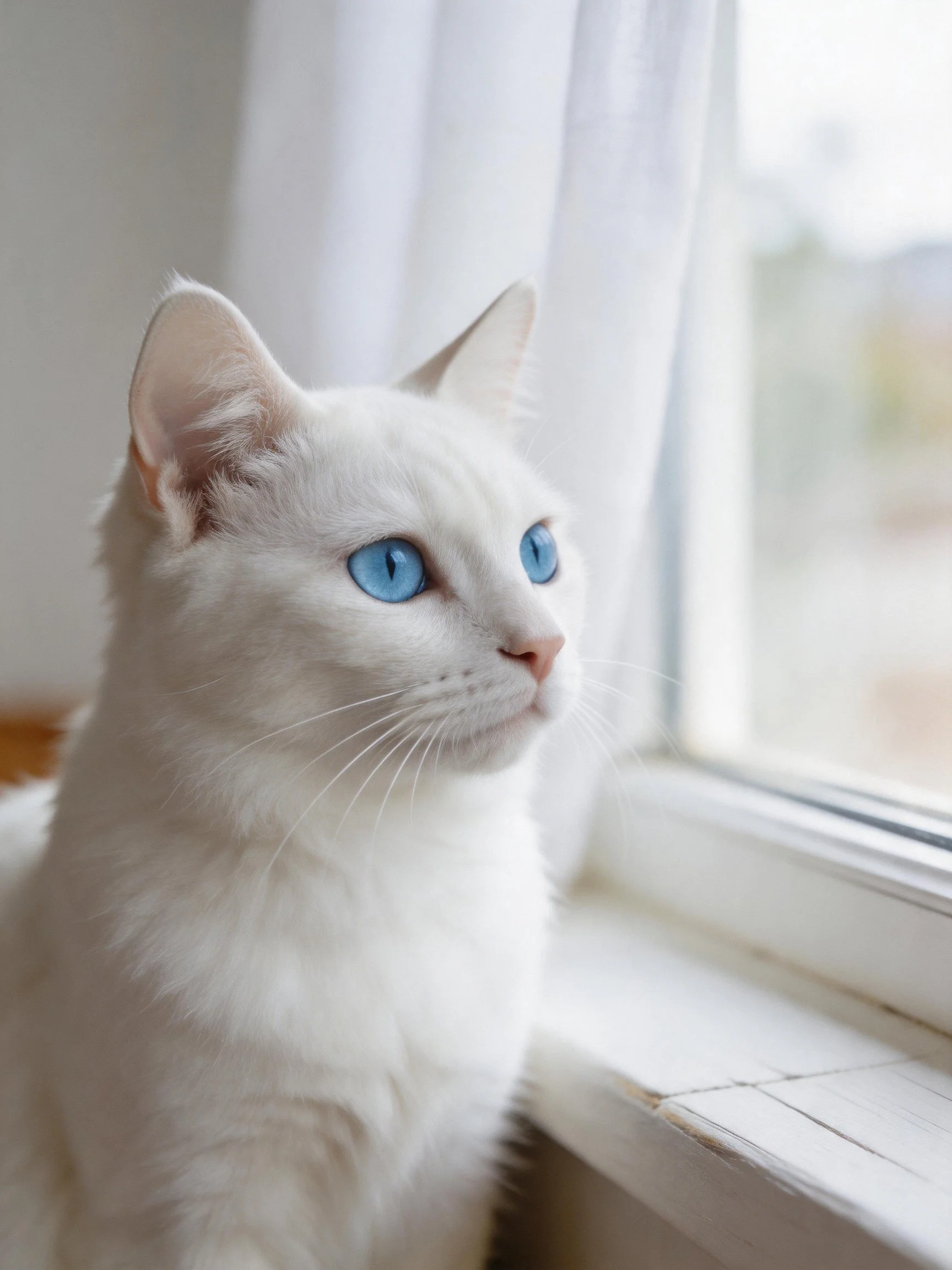 A white cat with blue eyes rests beside a sunlit window.