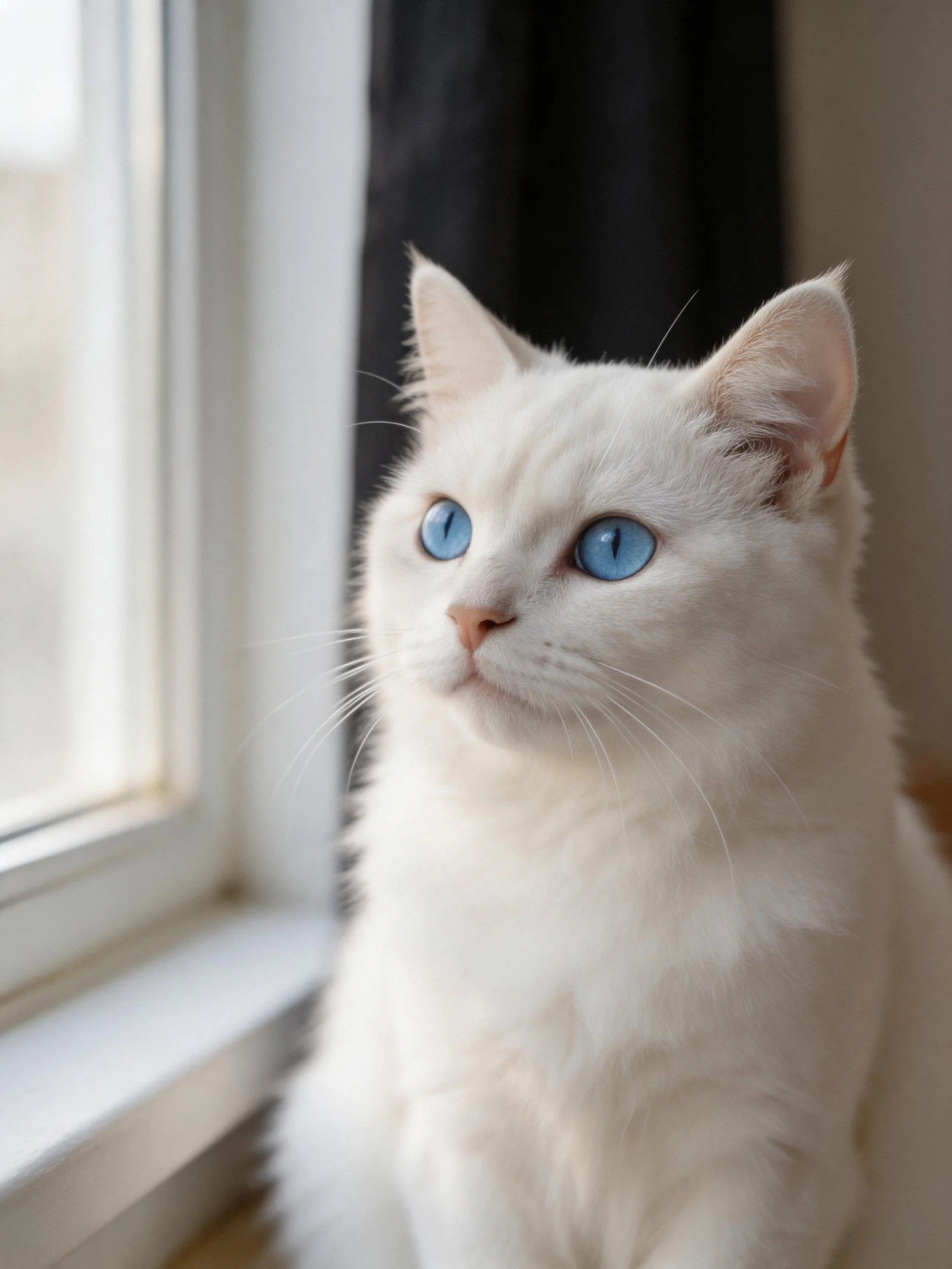 A white cat with bright blue eyes rests near a window