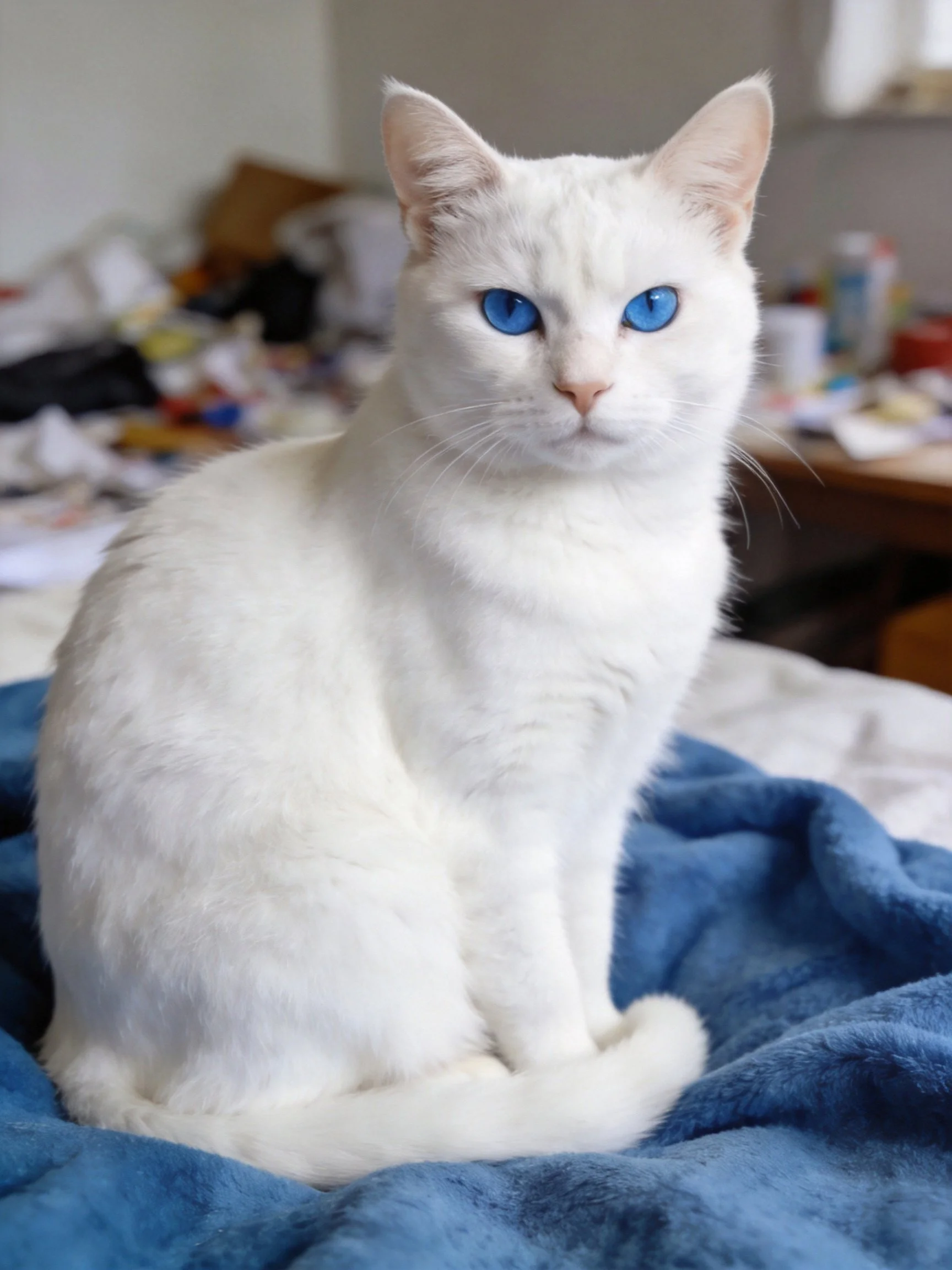 A white cat with blue eyes sits calmly on a blue fabric.