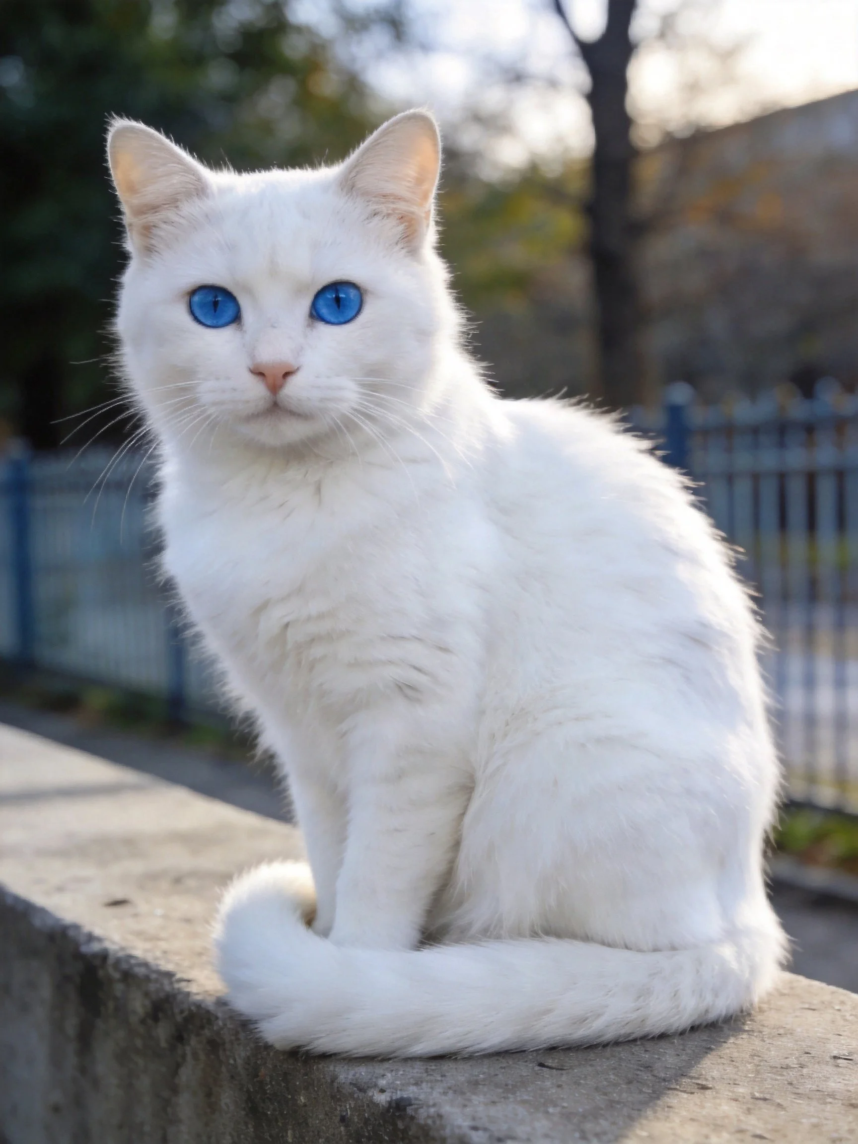 A white cat with blue eyes sits on a concrete ledge in an outdoor setting.