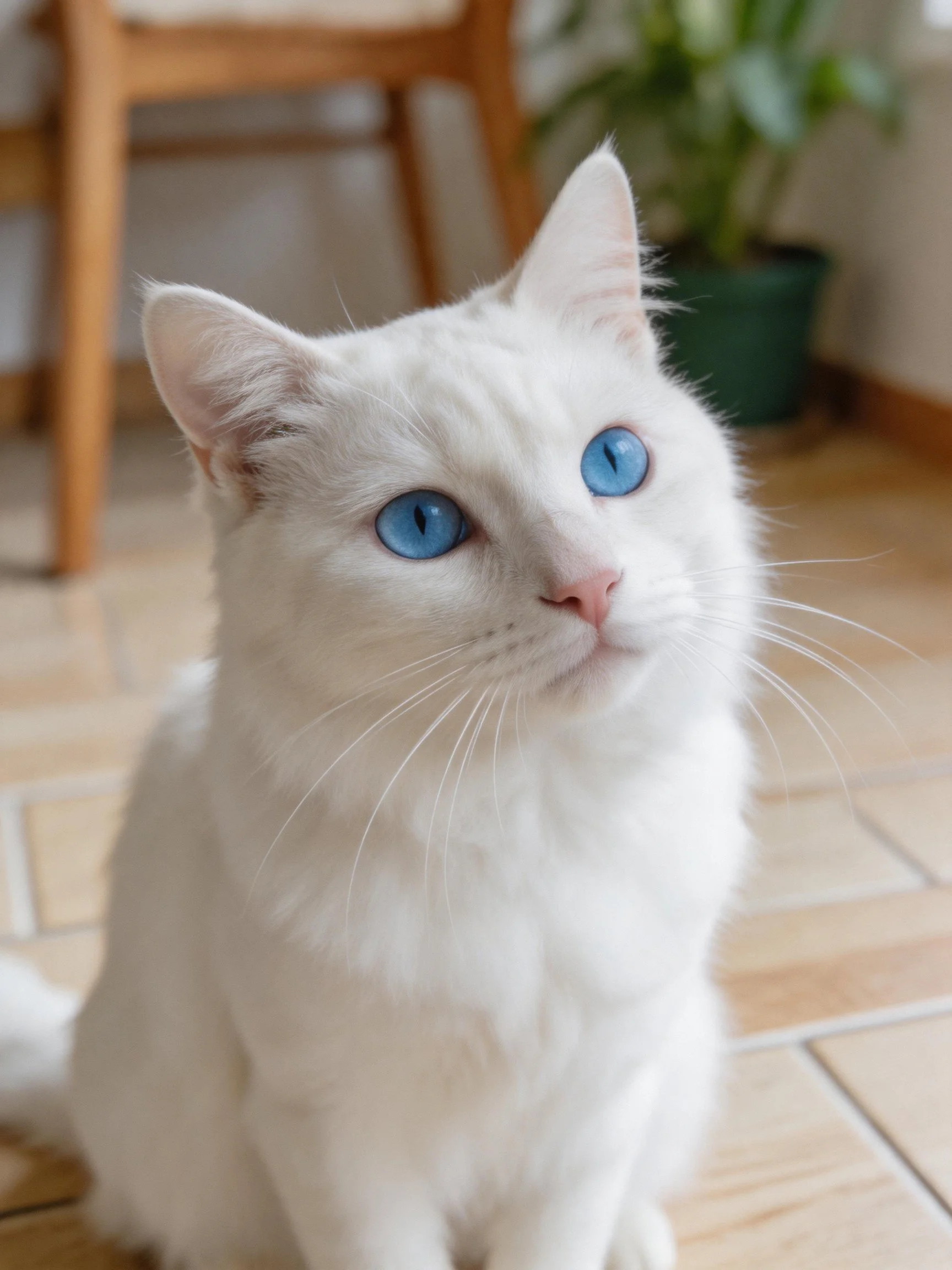 A white cat with bright blue eyes sits on indoor tiled flooring.