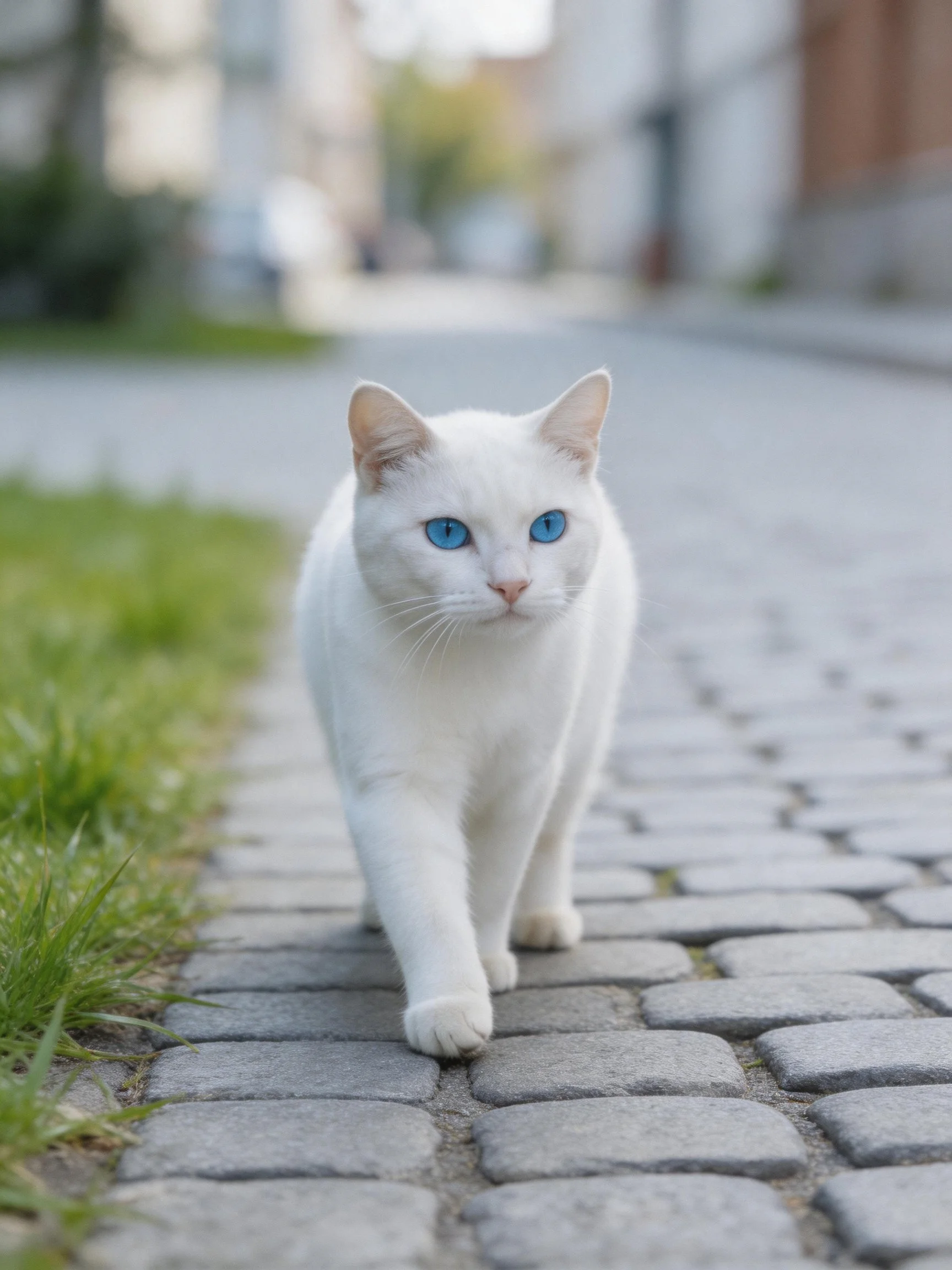 A white cat with blue eyes walks along a cobblestone path next to grass.