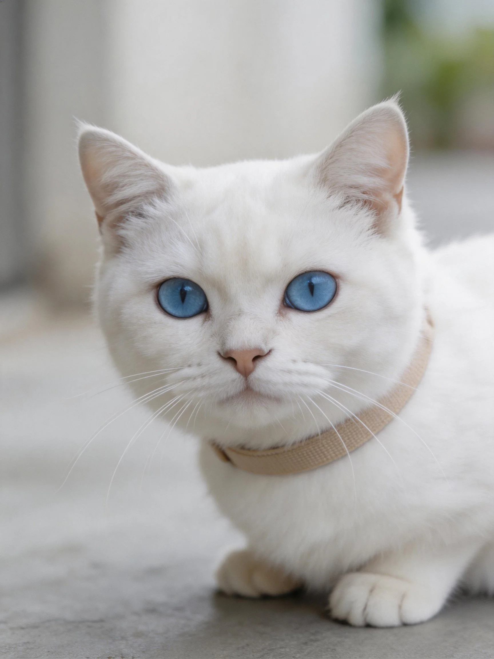 A white cat with bright blue eyes wearing a collar