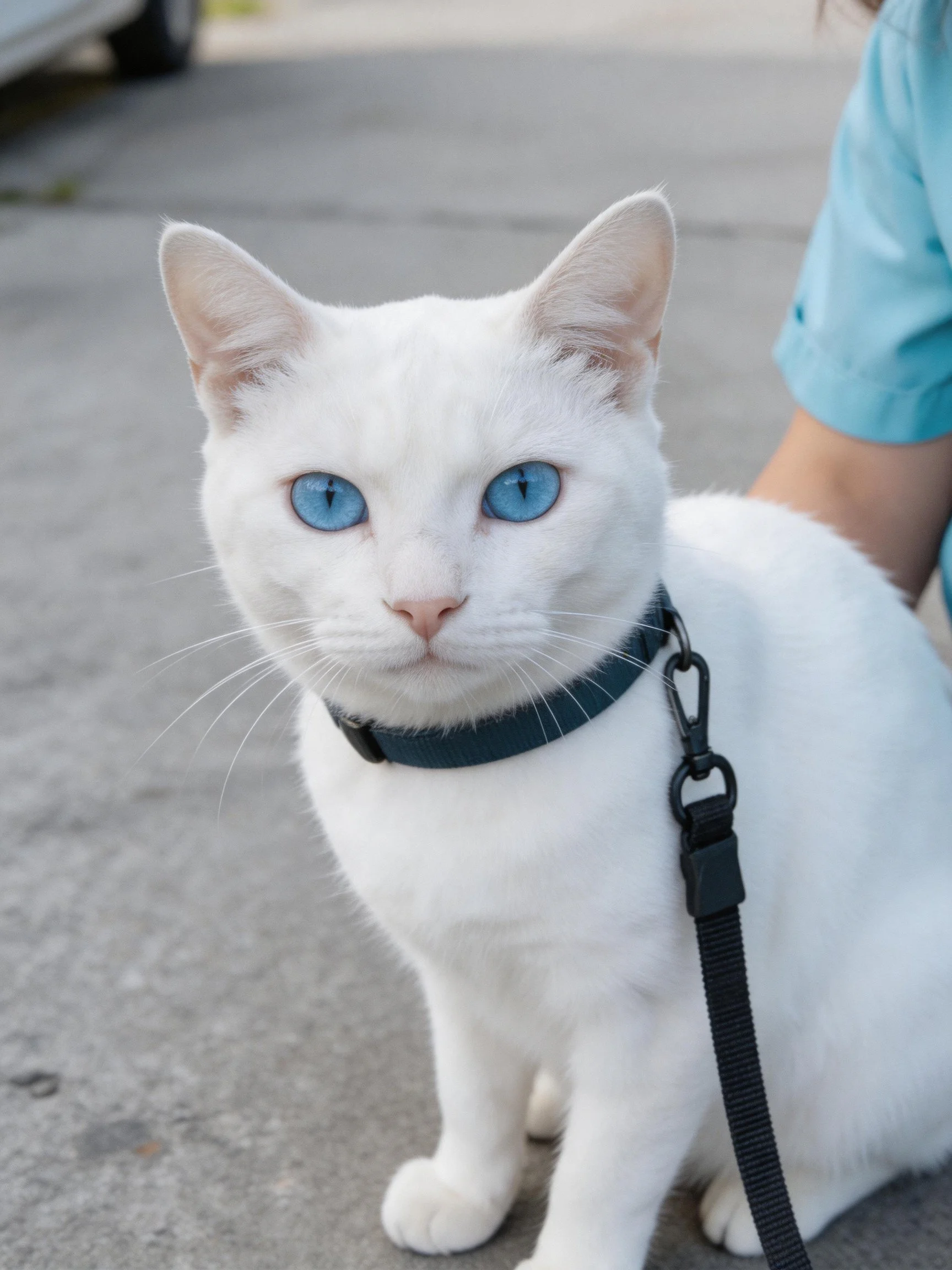 A white cat with blue eyes sits calmly wearing a collar and leash outside.