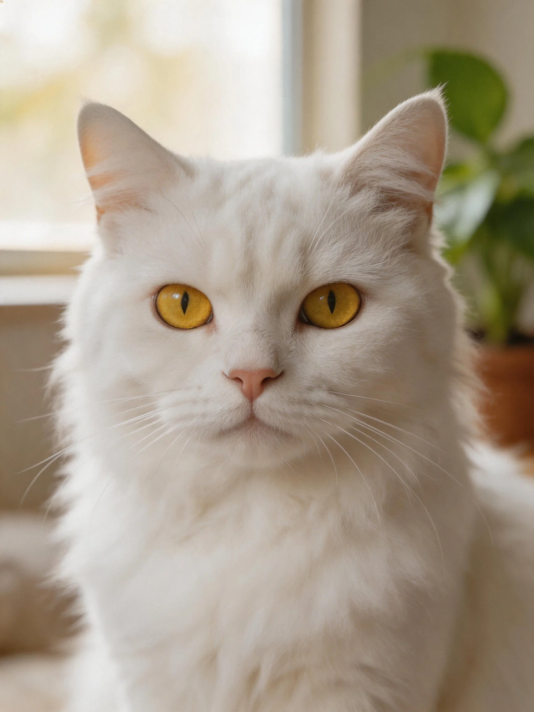 A white cat with yellow eyes sits near a potted plant.