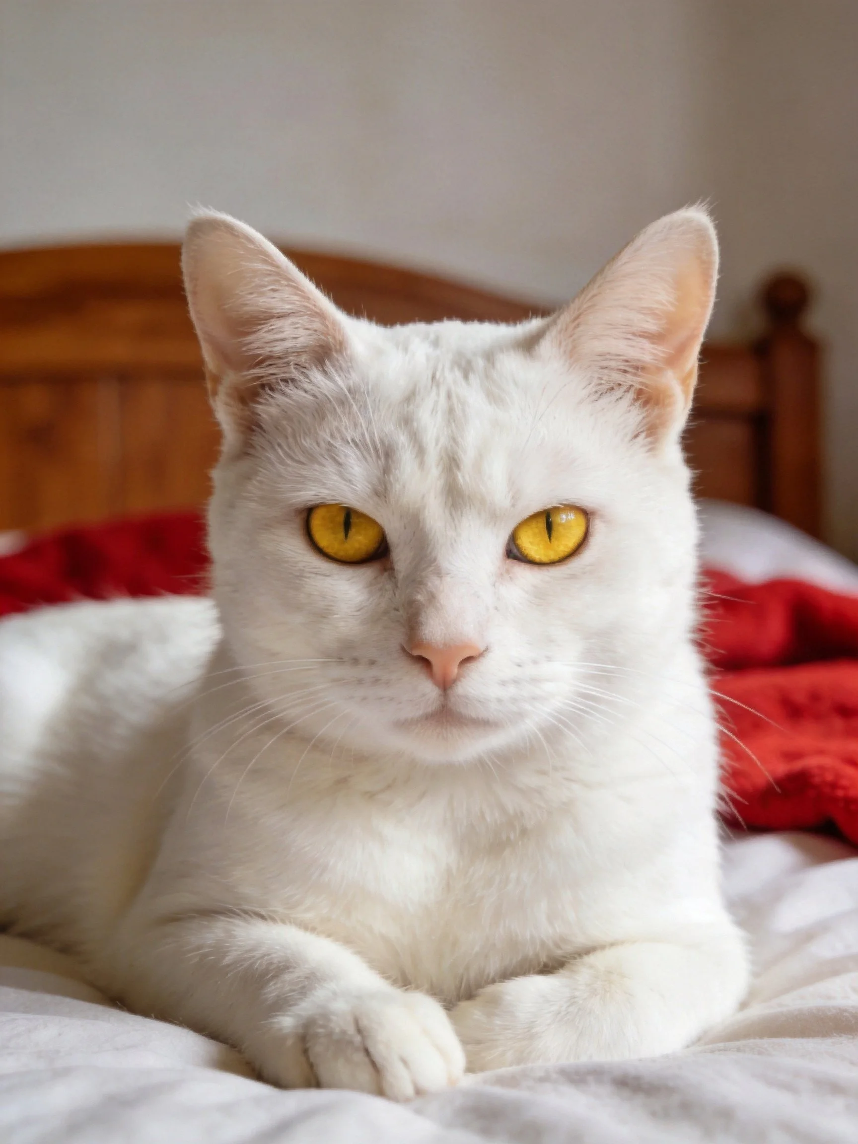 A white cat with yellow eyes sits calmly on a bed with red blankets