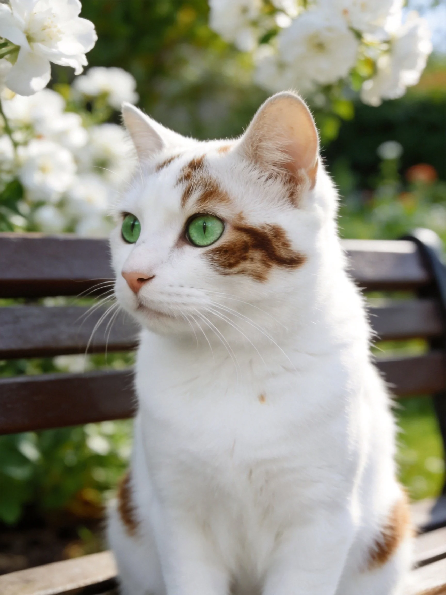 A white cat with brown spots sits on a park bench near blooming white flowers