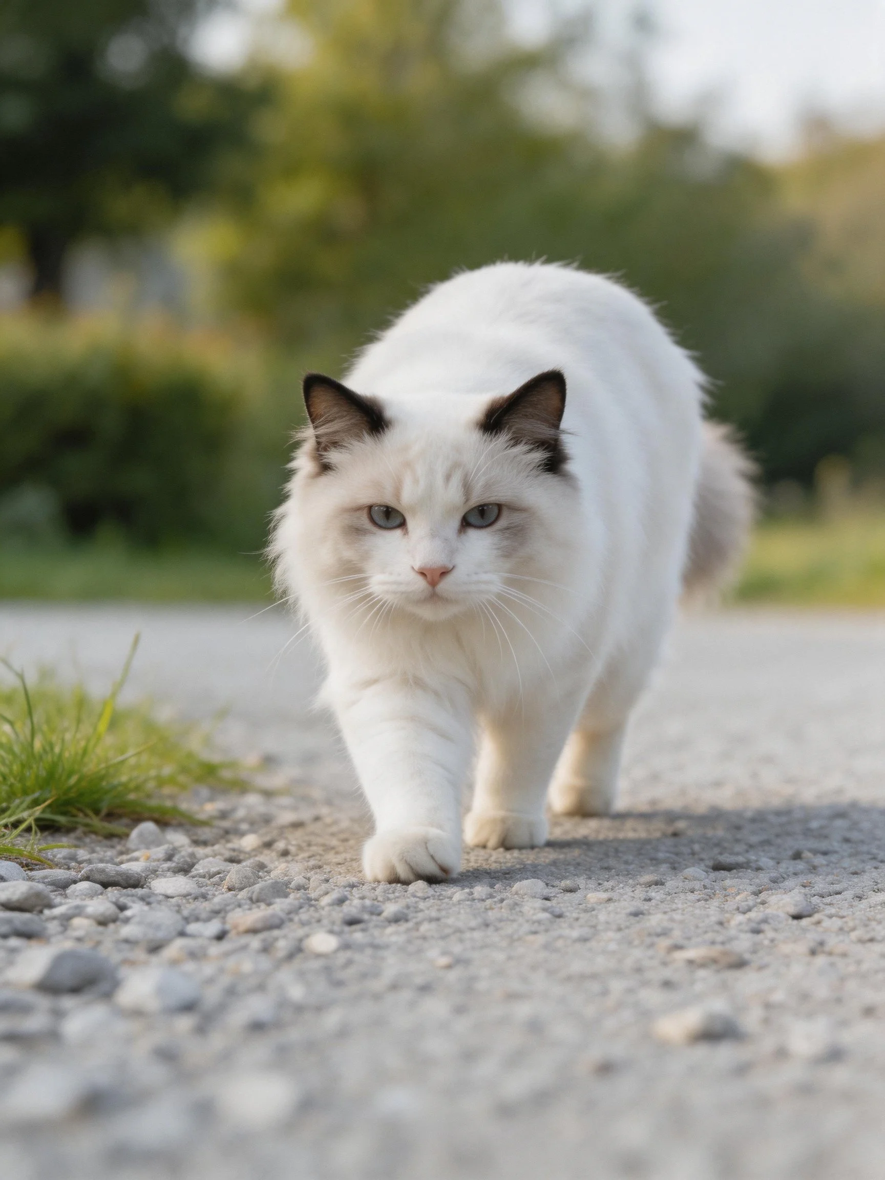 A white cat with dark ears walks on a gravel path