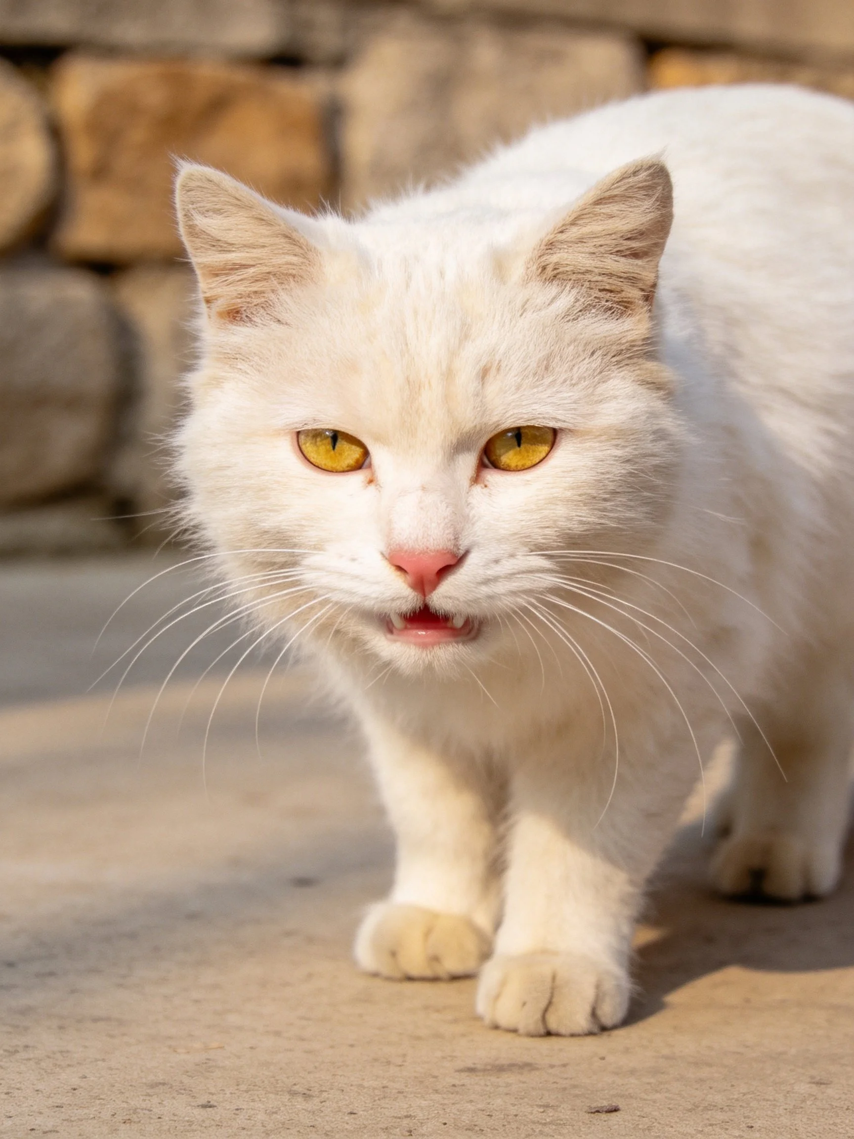 A white cat with golden eyes stands near a stone wall.