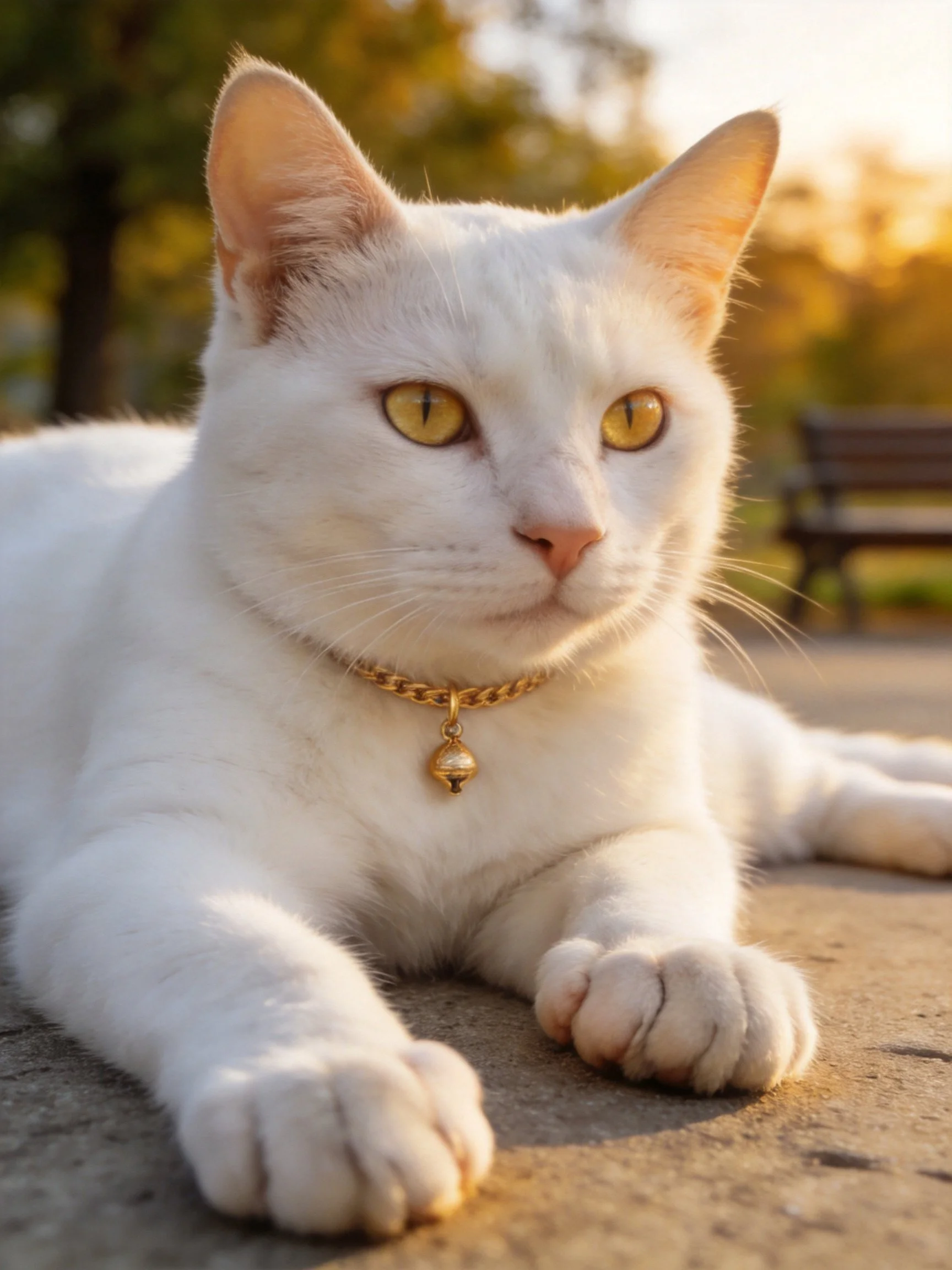 A white cat with golden eyes relaxes near a park bench in evening light.
