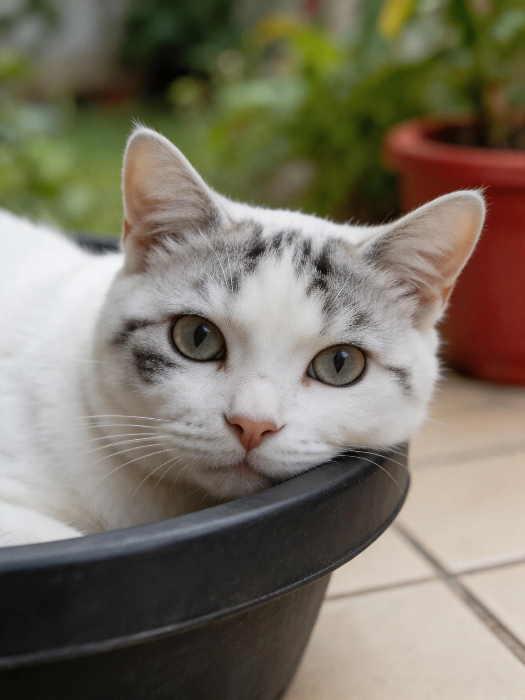 A white cat with gray patches resting in a black container outdoors