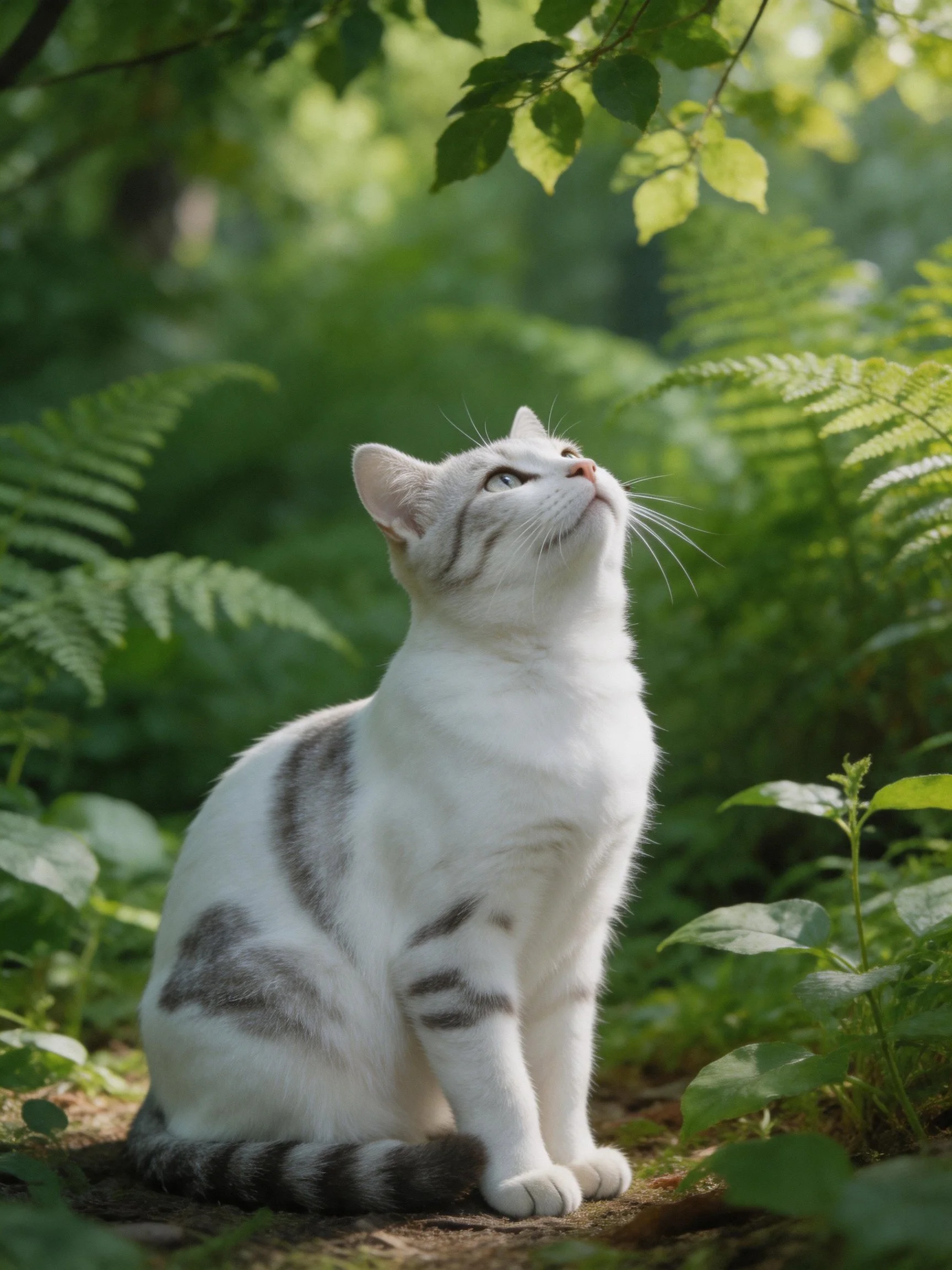 A white cat with gray stripes sits amid lush green ferns and leaves