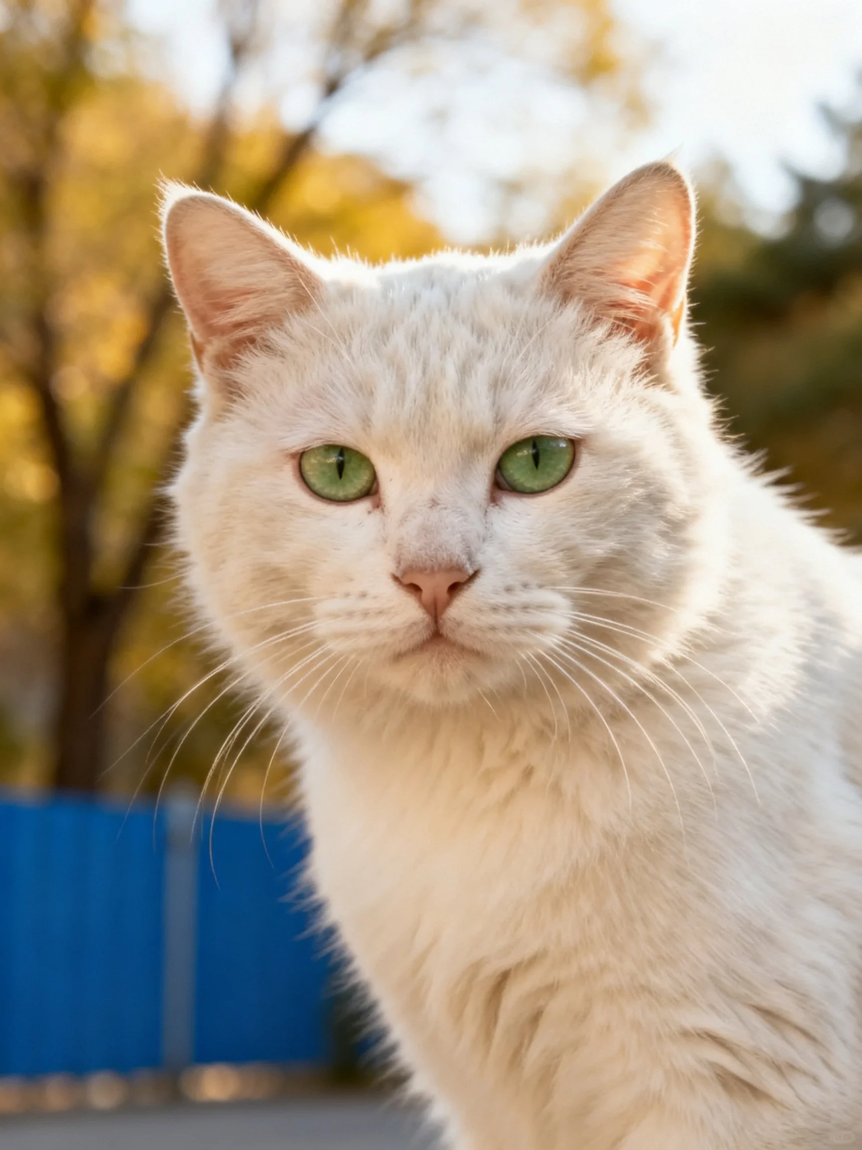 A white cat with green eyes is near autumn trees and a blue fence in daylight.