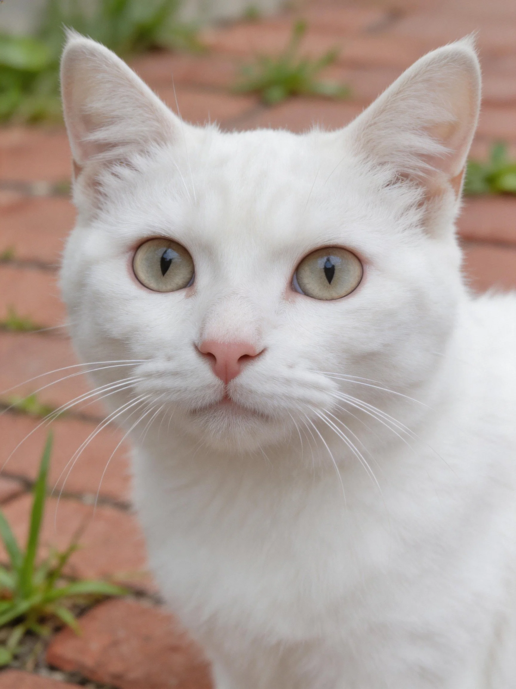 A white cat with green eyes on a brick pathway