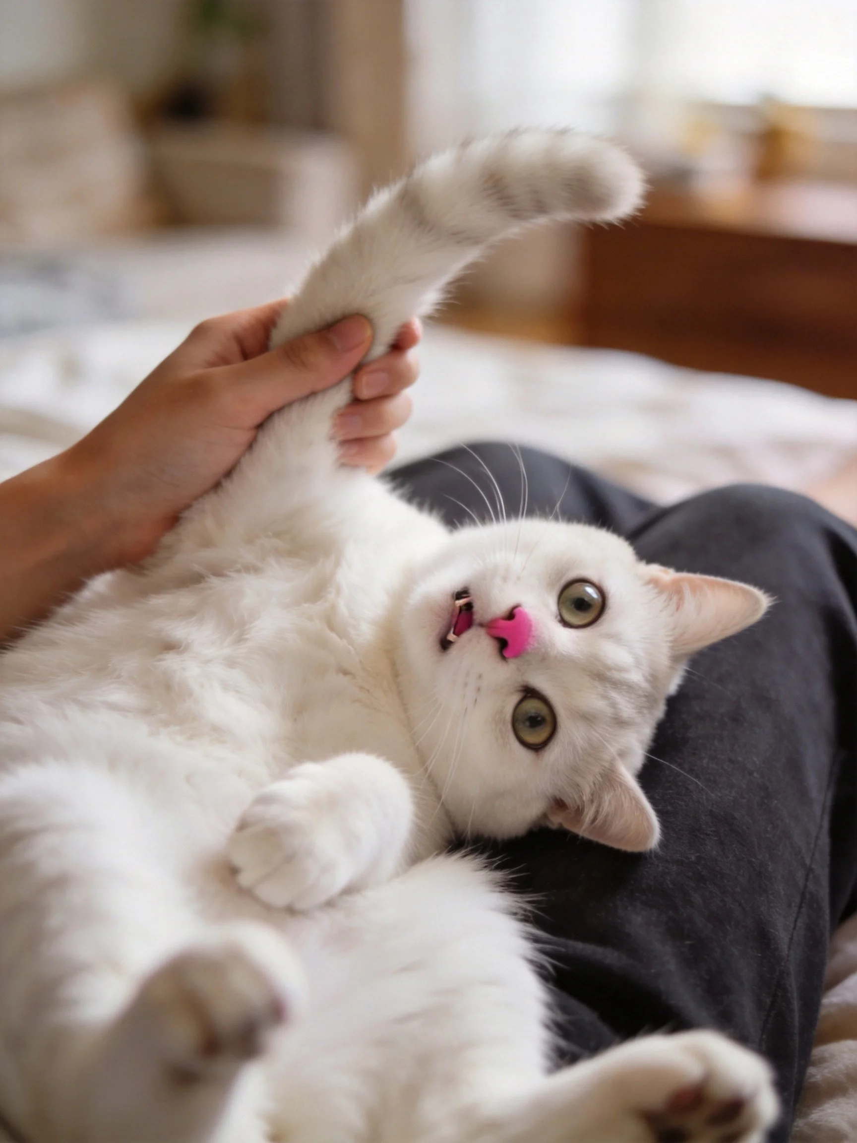 A white cat with green eyes plays as a hand holds its paw