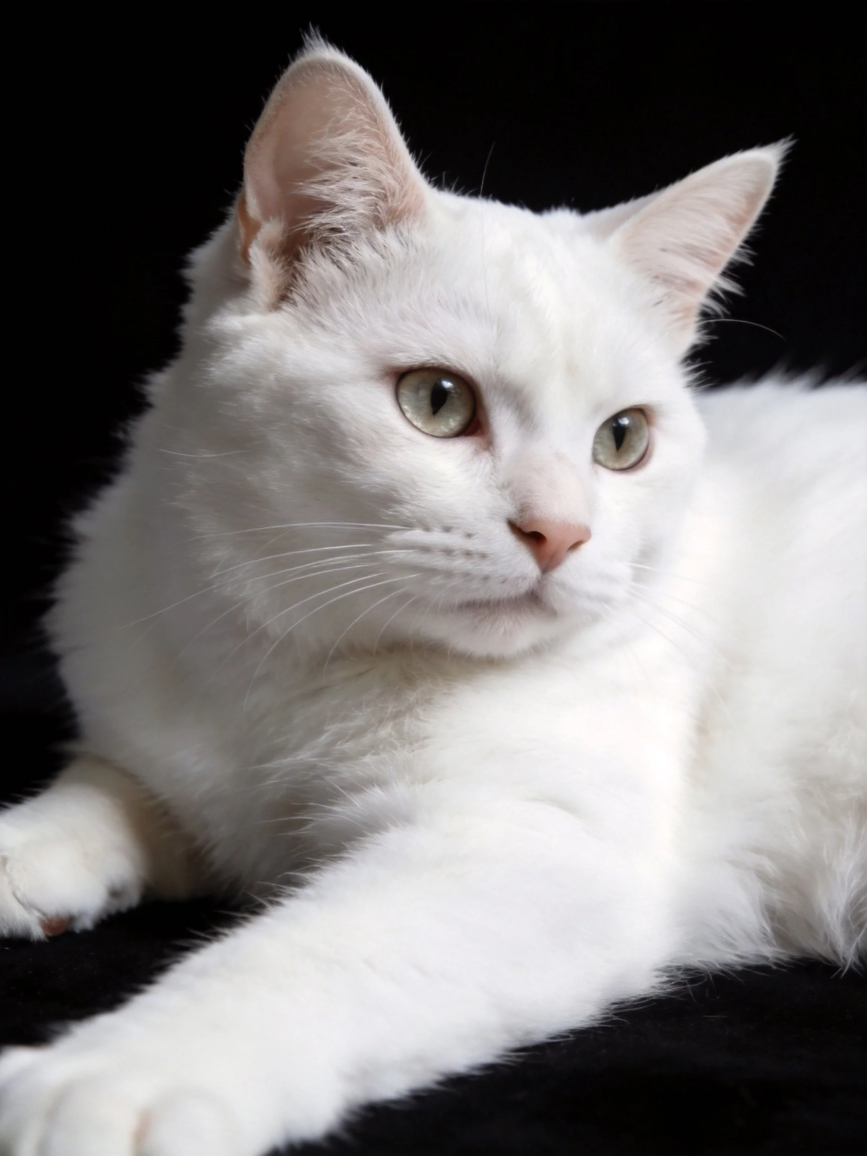 A white cat with green eyes resting on a black surface