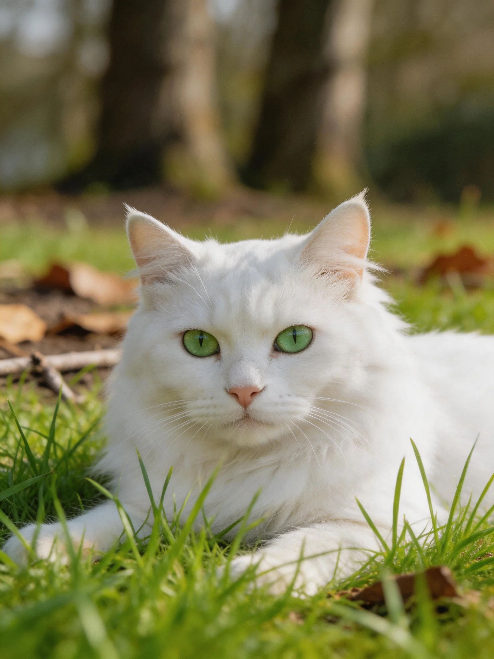 A white cat with green eyes resting on lush grass