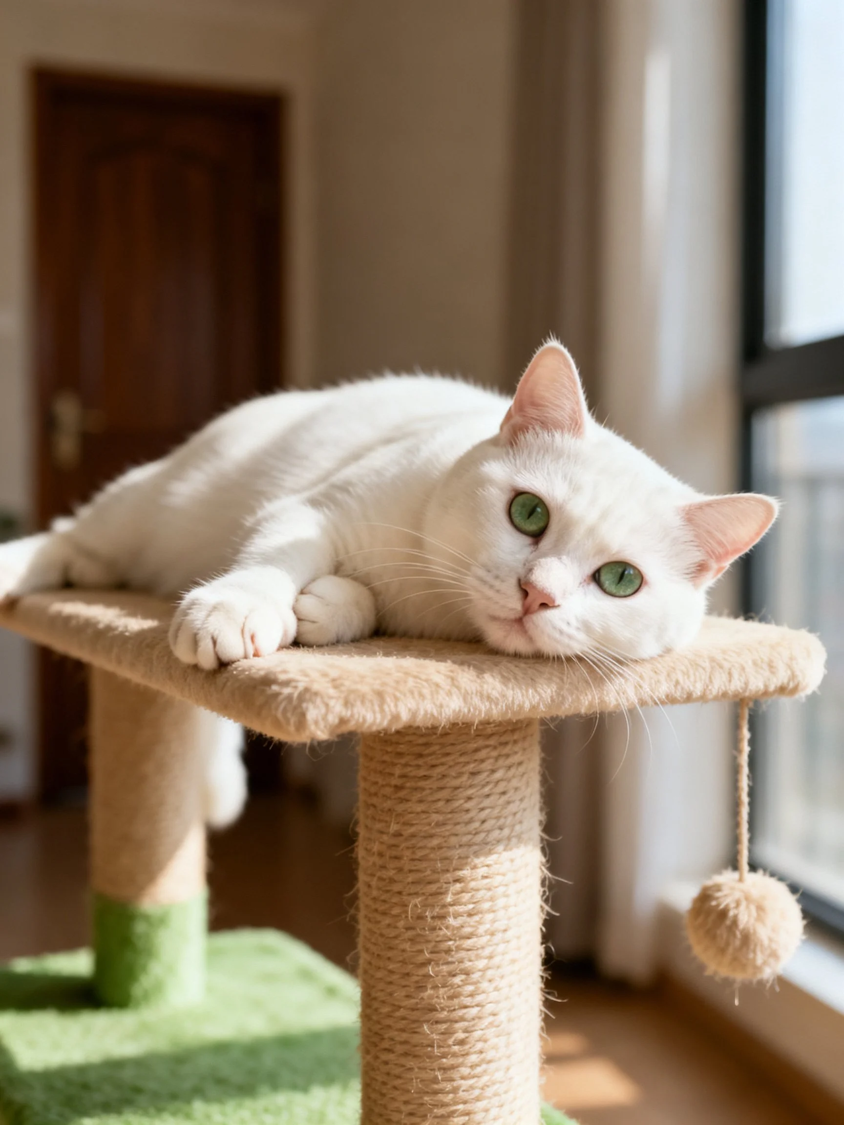 A white cat with green eyes relaxes on a cat tree beside a bright window.
