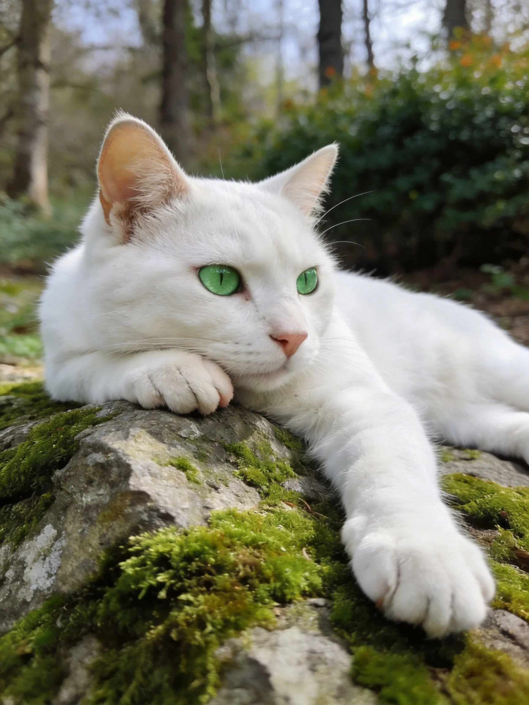 A white cat with green eyesrelaxes on a mossy rock in a forest setting.