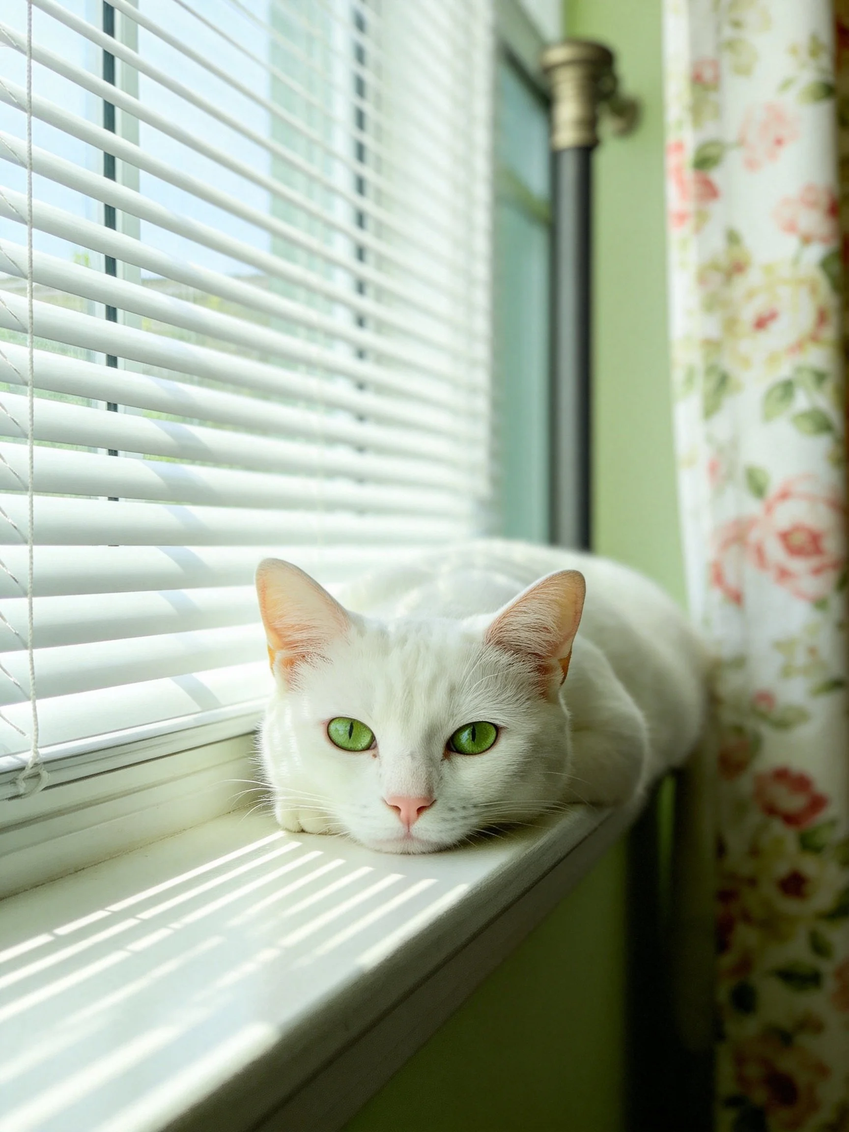 A white cat with green eyes relaxes on a windowsill beside closed blinds.