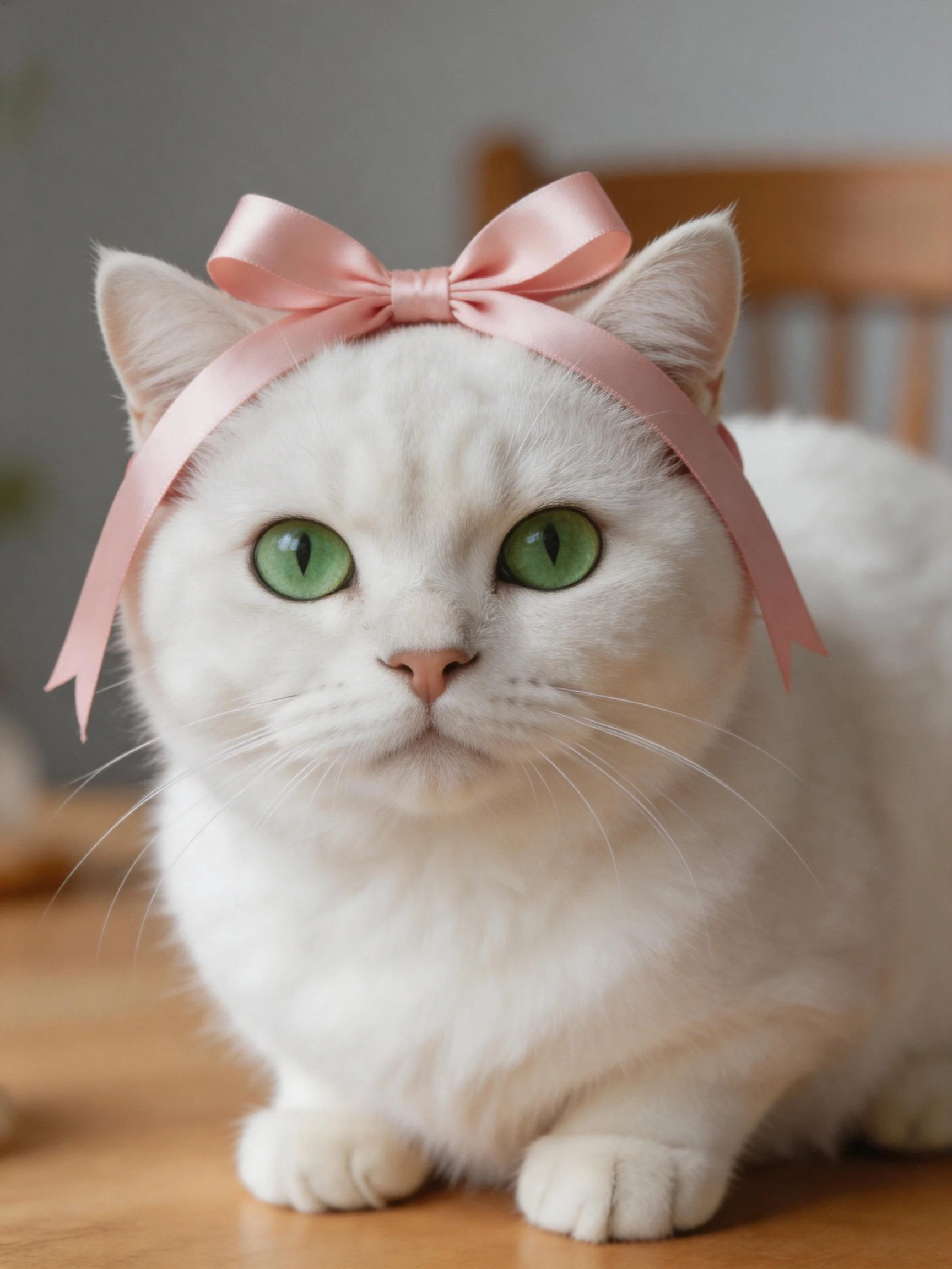 A white cat with green eyes wears a pink ribbon bow