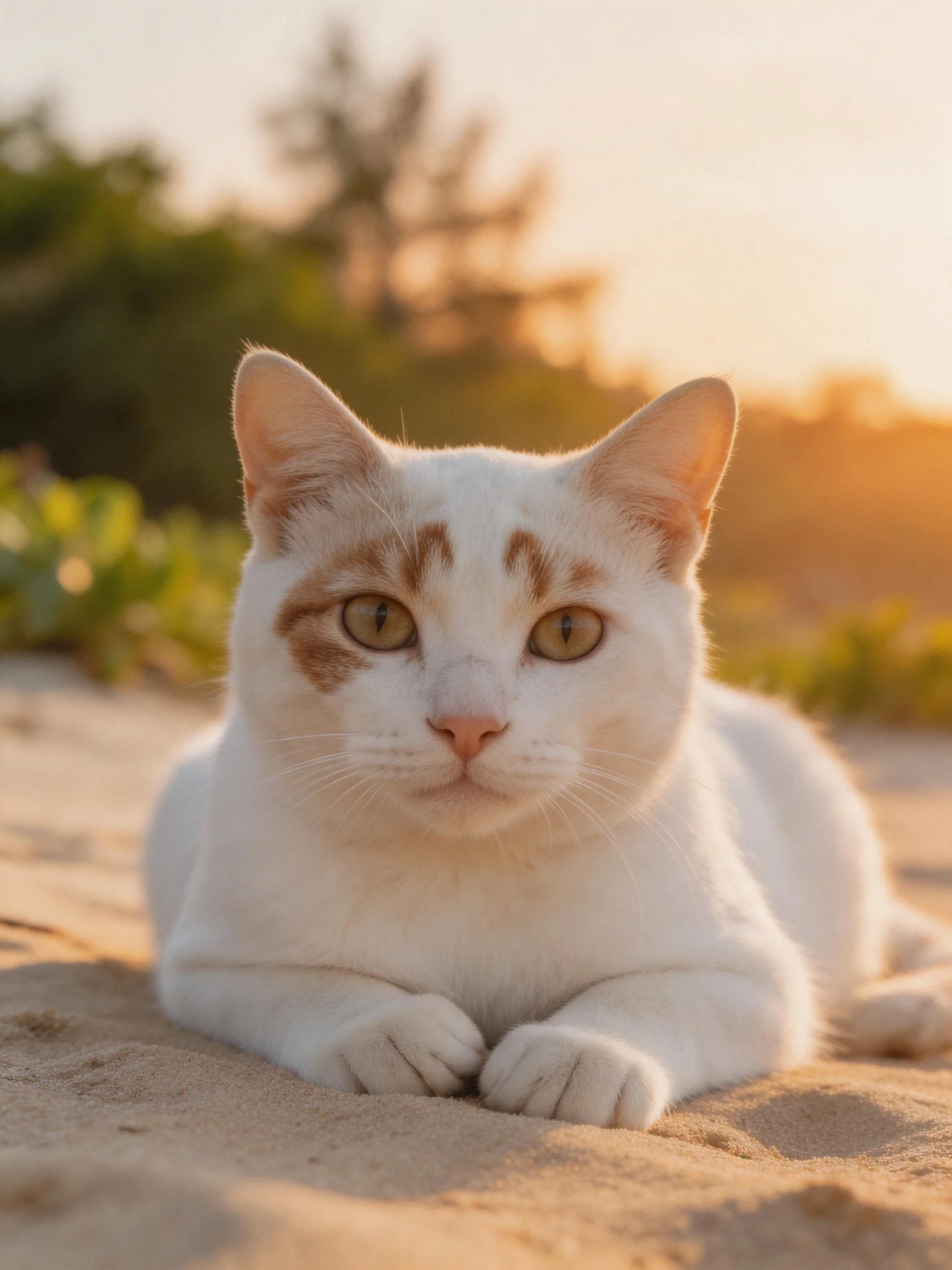 A white cat with orange markings lies on sandy ground at sunset
