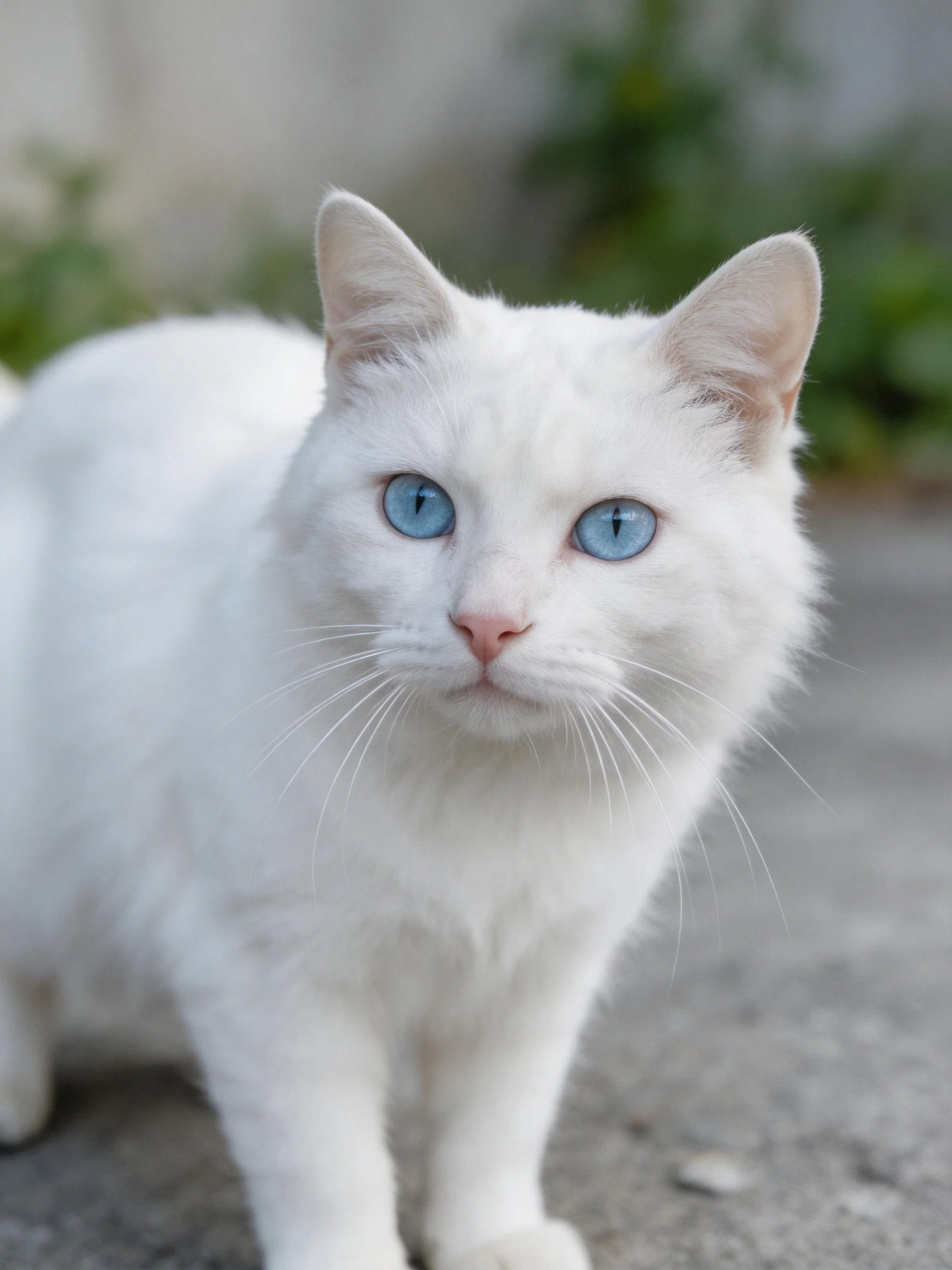 A white cat with blue eyes stands on a concrete surface outdoors.