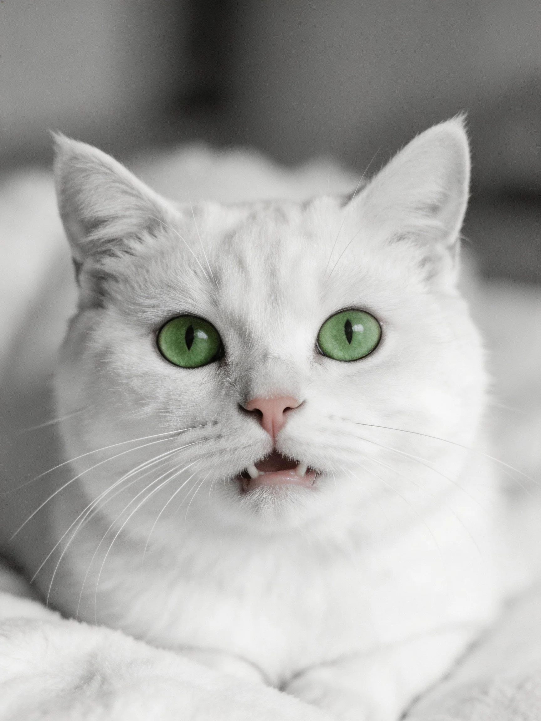 A white cat with bright green eyes rests on soft fabric.