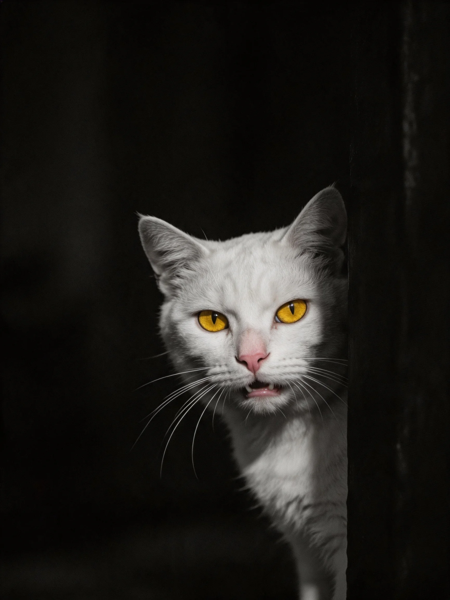 A white cat with striking yellow eyes cautiously emerges from a dark environment.