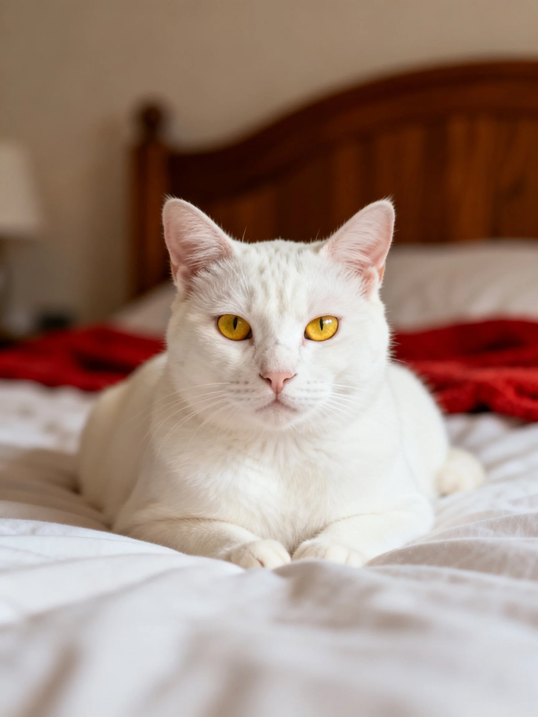 A white cat with yellow eyes rests on a bed.