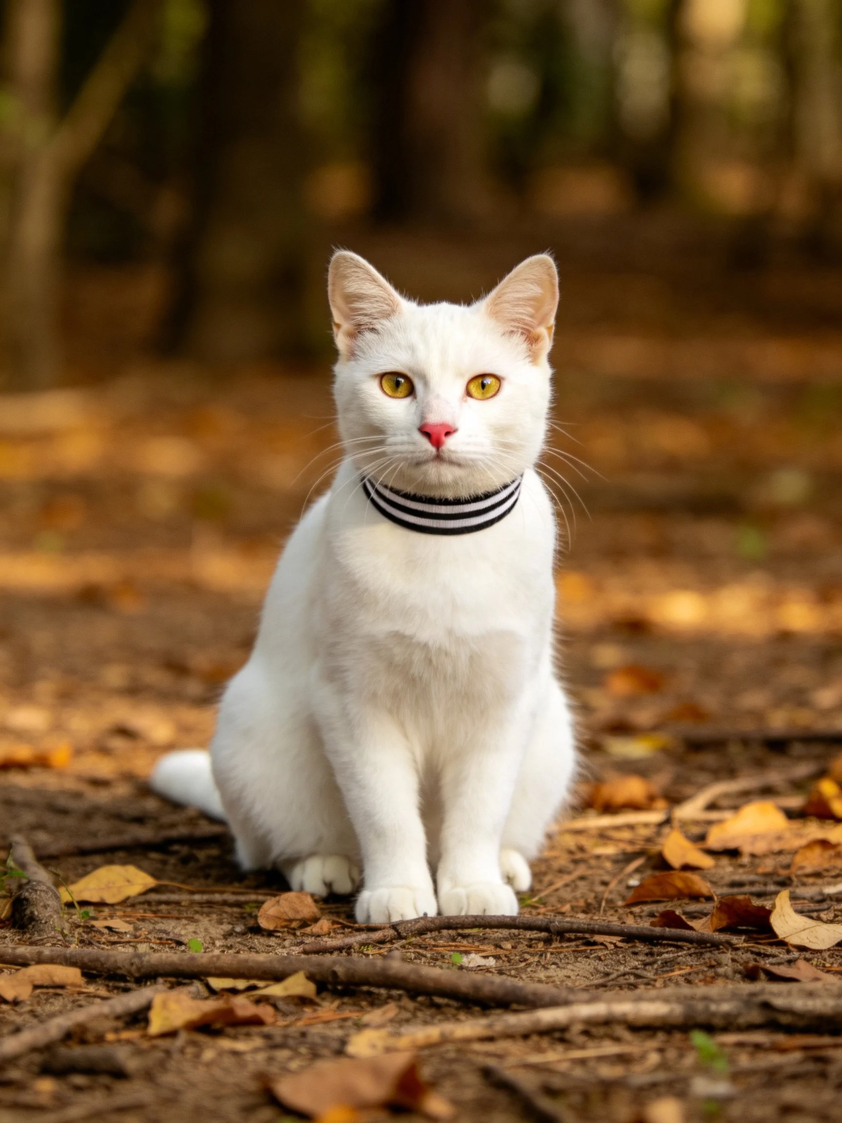 A white cat with yellow eyes sits amid autumn leaves