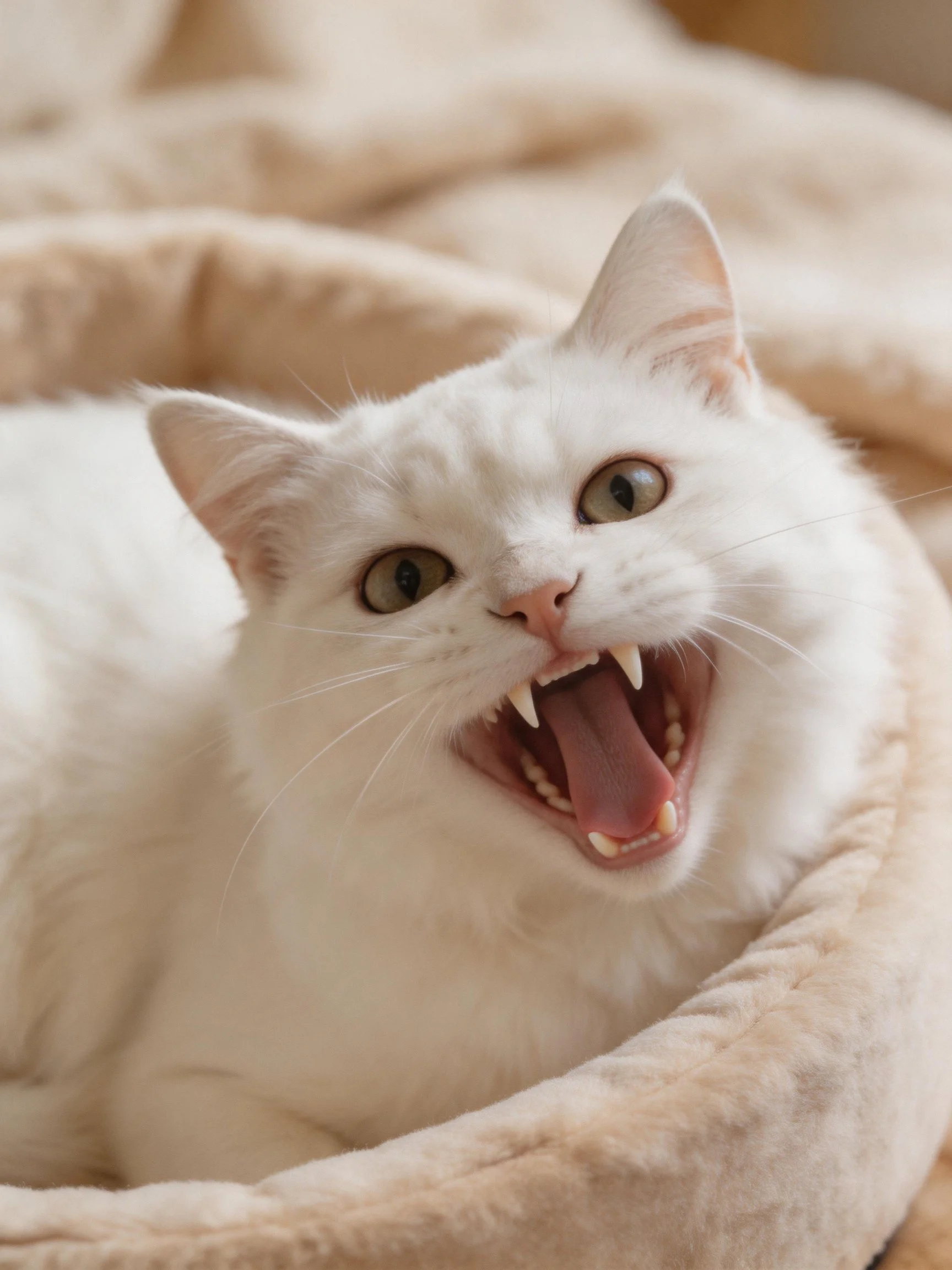A white cat yawns widely in a soft beige bed.