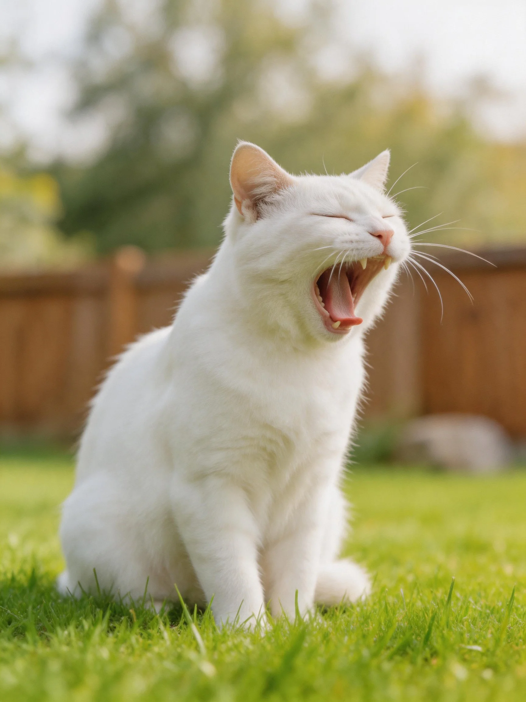 A white cat relaxes while yawning on a grassy area with a wooden fence in the background.