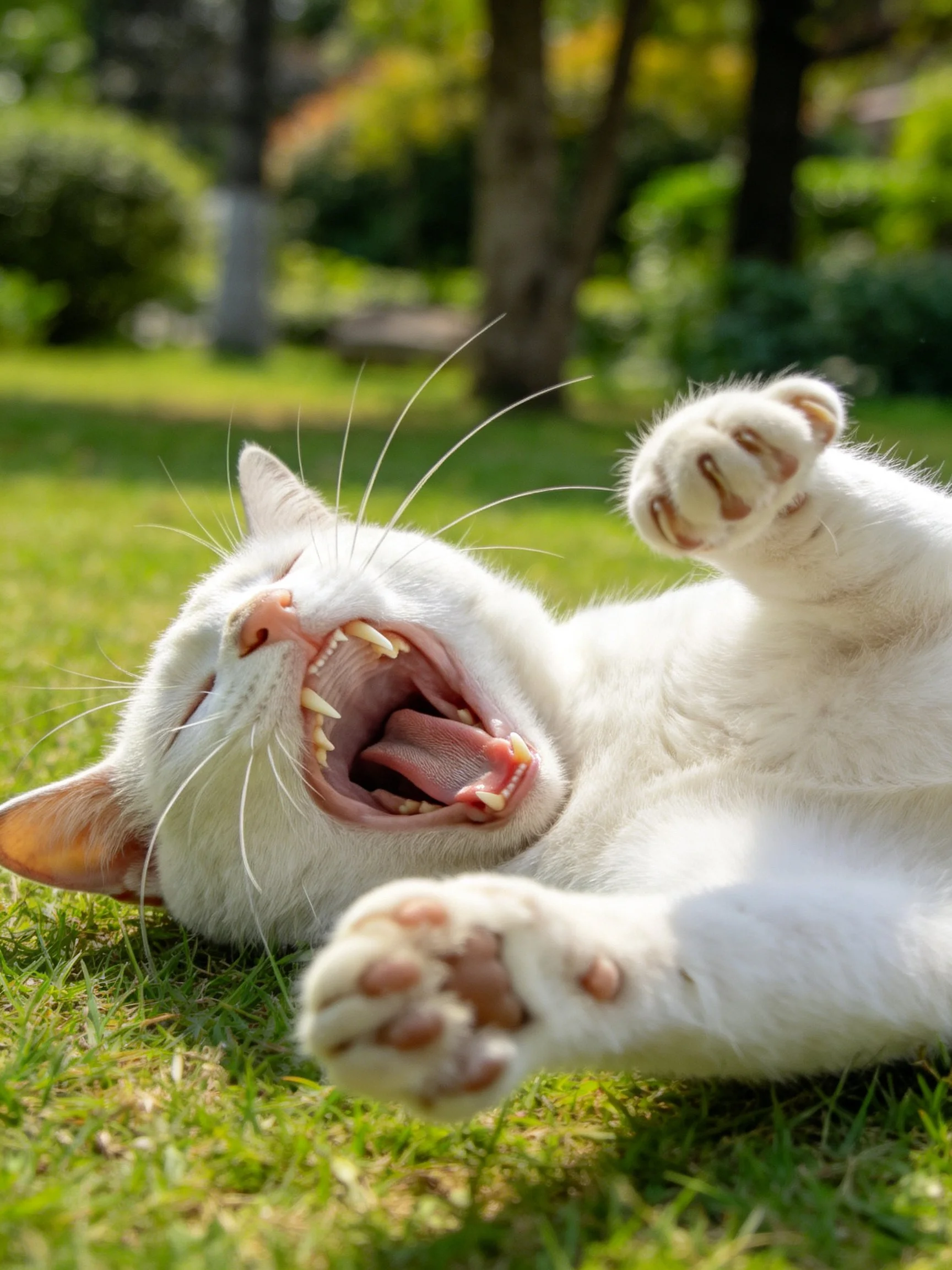A white cat yawns joyfully on sunlit green grass