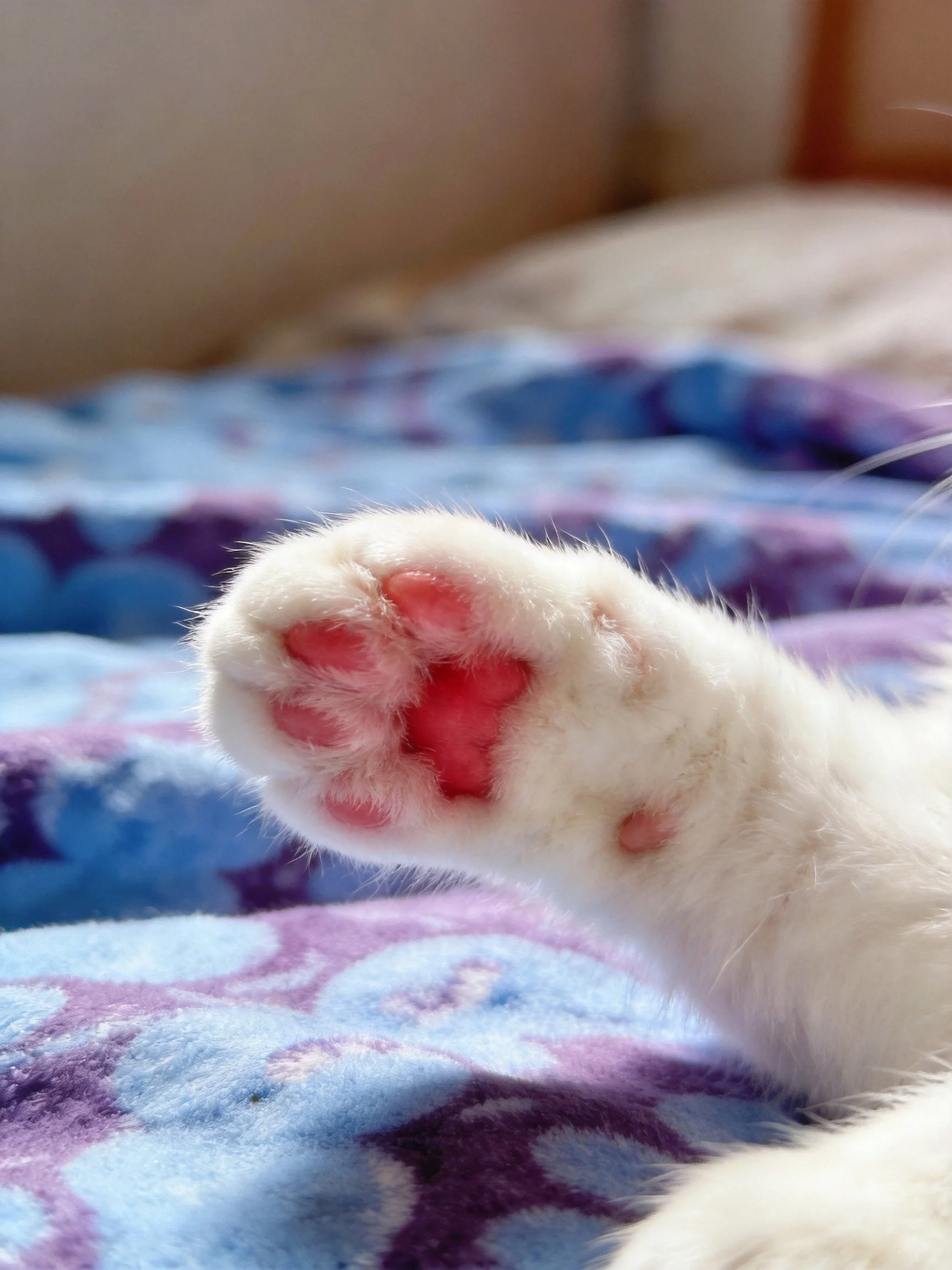 A white cat’s pink-pawed foot on a blue-purple patterned blanket