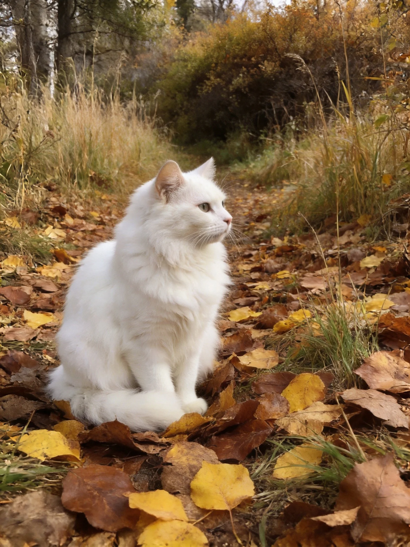 A white fluffy cat sits amid autumn leaves on forest path