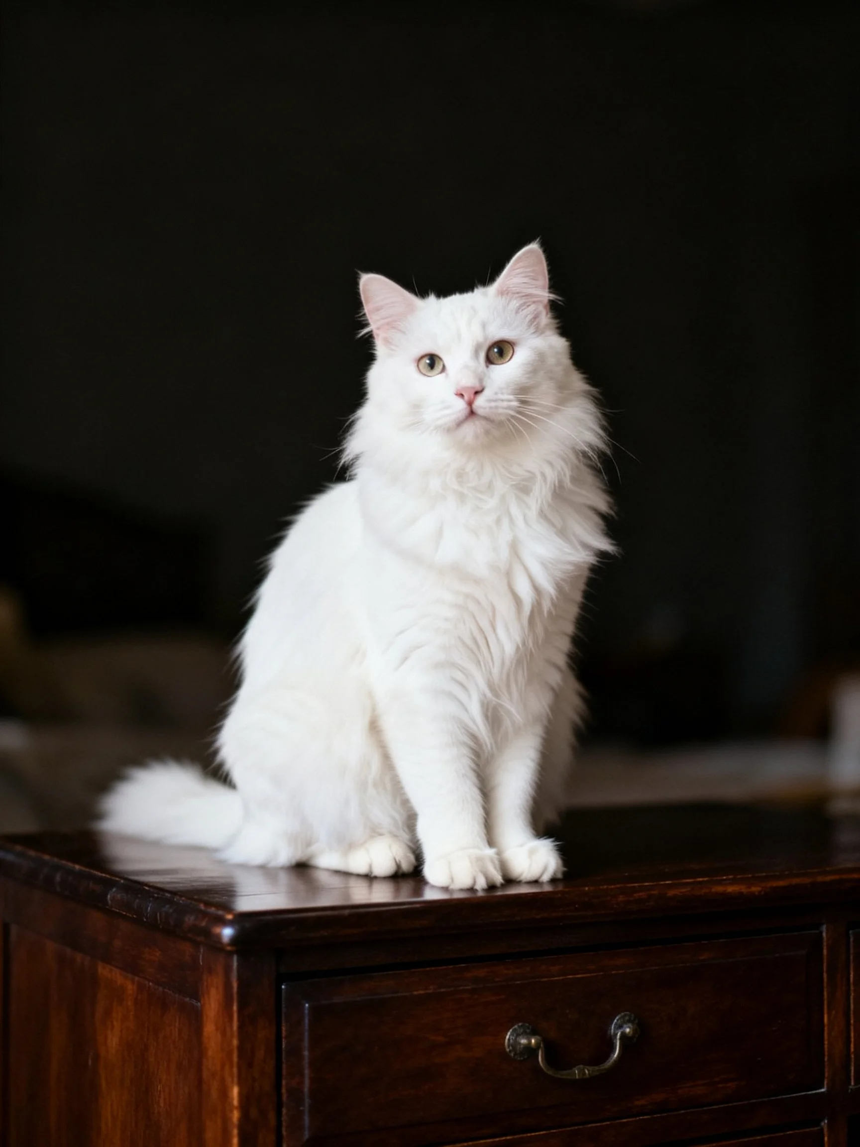 A white fluffy cat sits atop a polished dark wood dresser