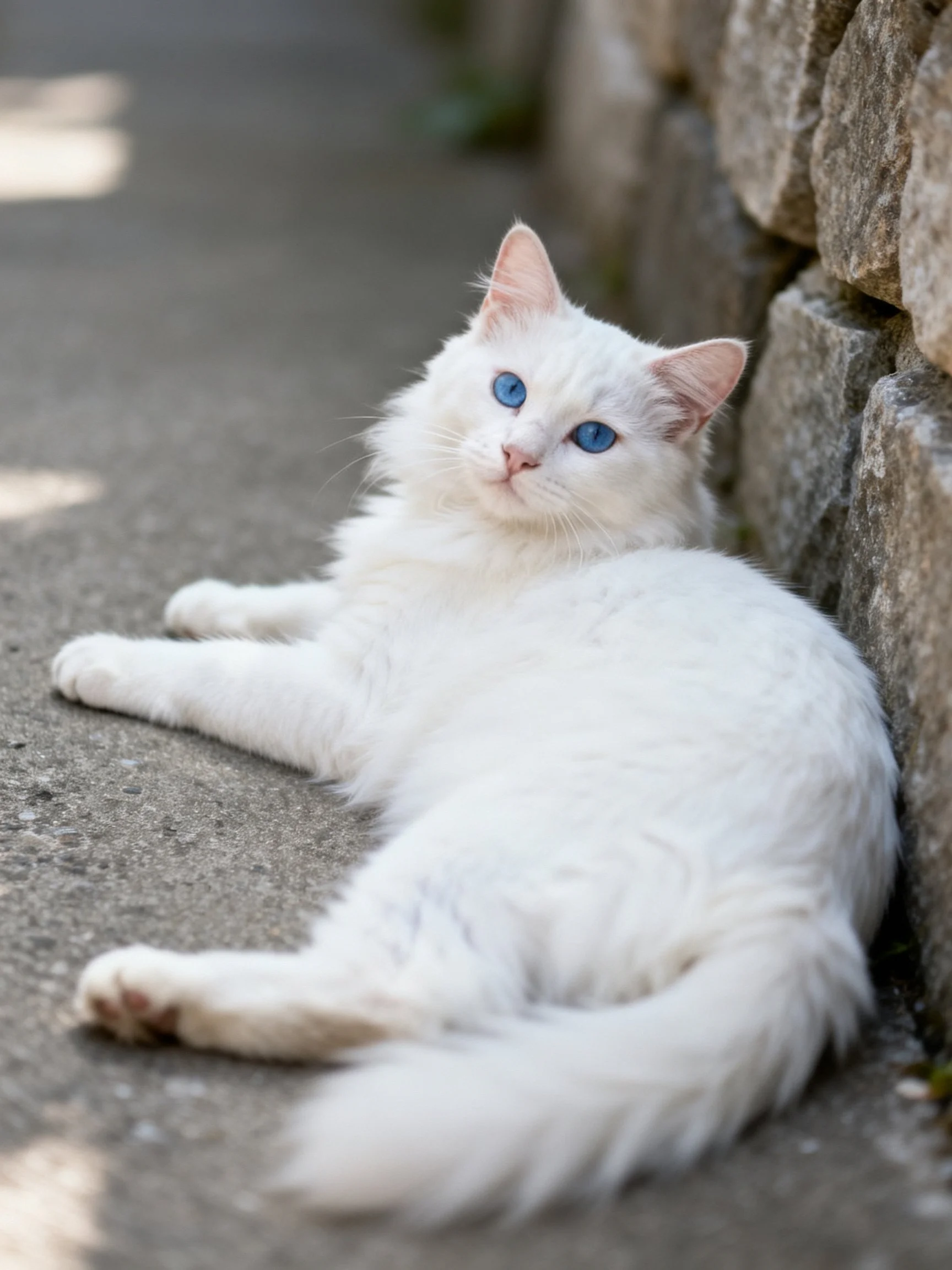 A white cat with blue eyes relaxes near a stone wall on concrete