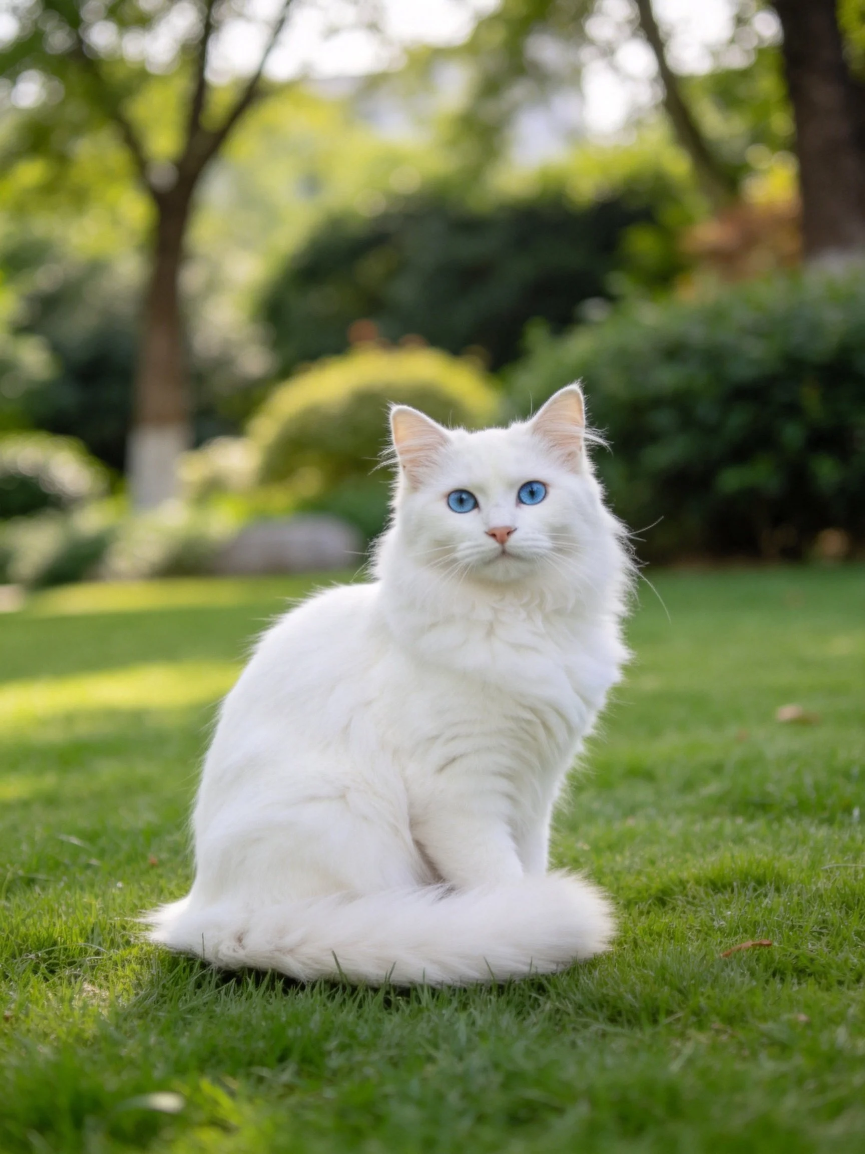 A white fluffy cat with blue eyes sits calmly on green grass in a sunlit garden.