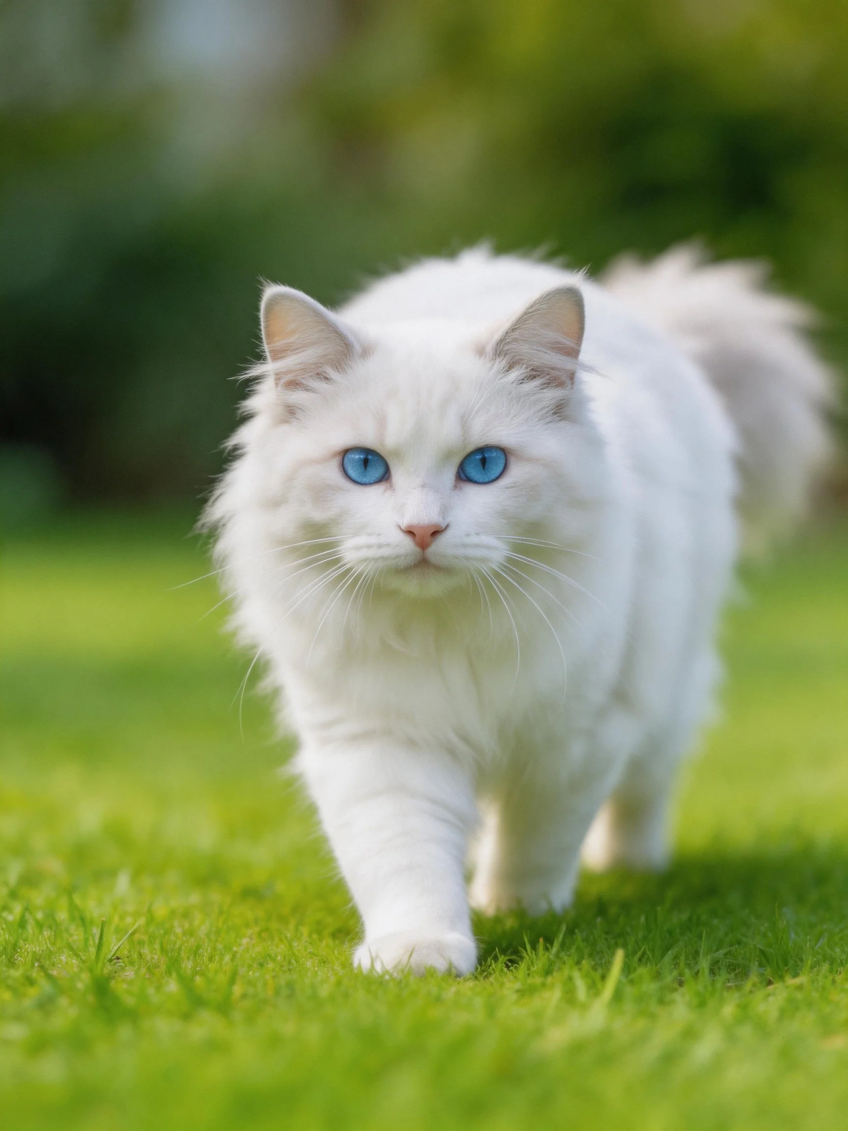 A white cat with blue eyes walks across green grass in an outdoor setting.