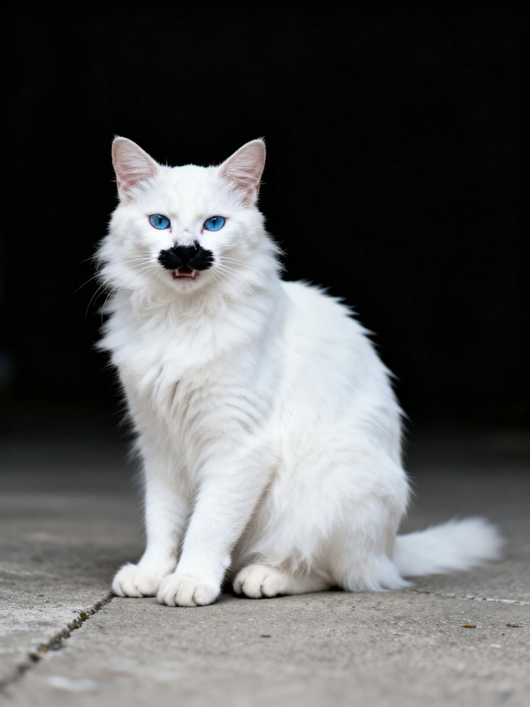A white fluffy cat with bright blue eyes sits on concrete amid a dark setting.