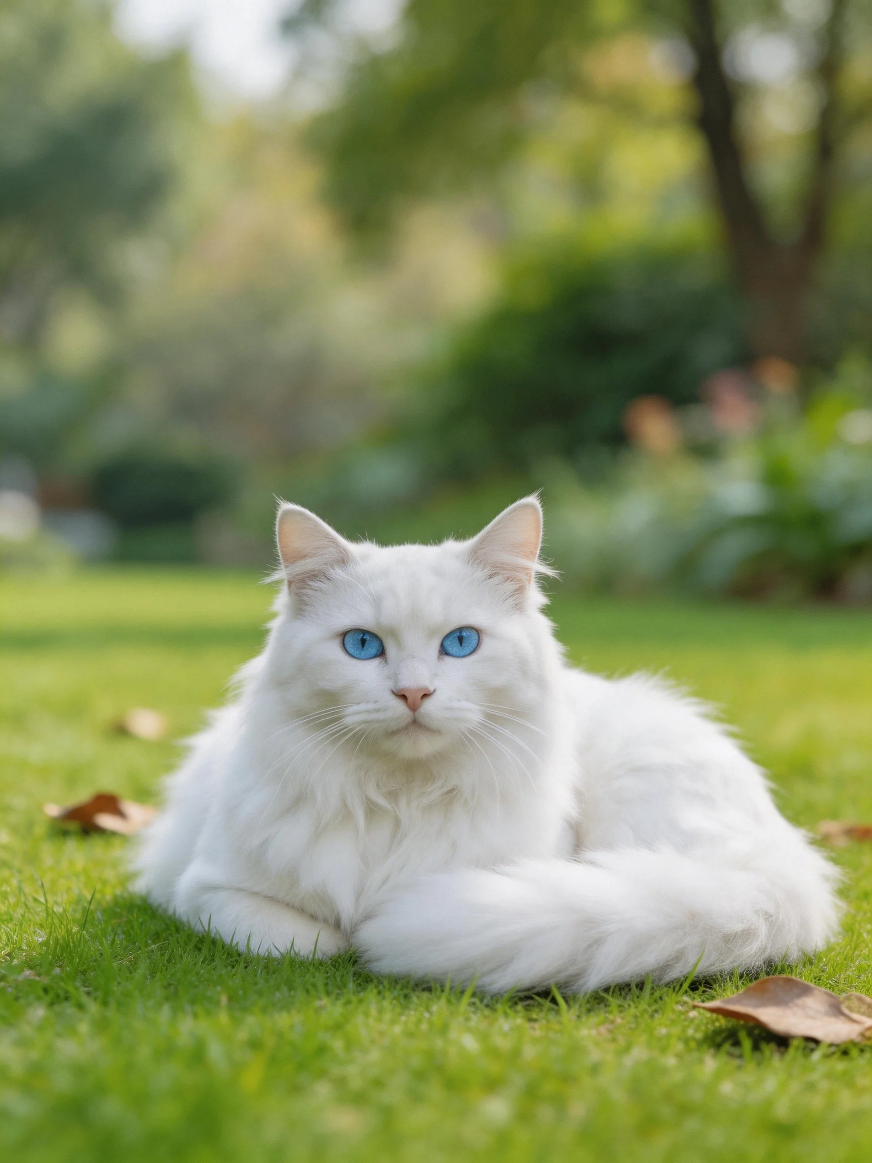 A white cat with blue eyes relaxes on green grass in an outdoor setting.