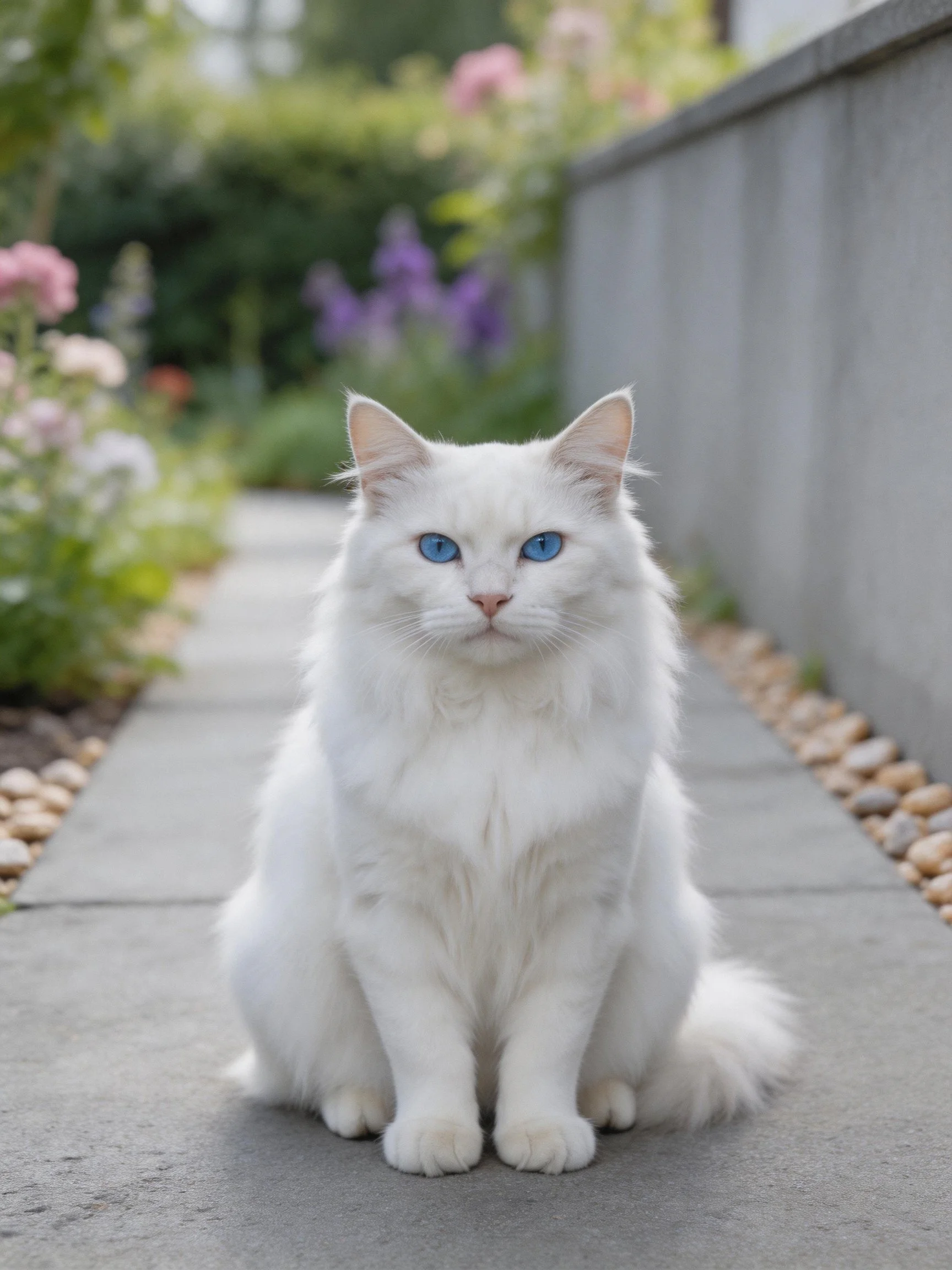 A white fluffy cat with blue eyes sits calmly on a stone pathway