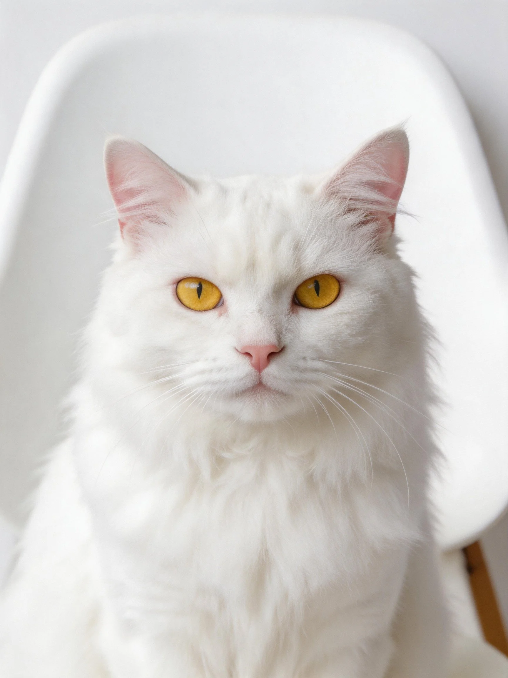 A white cat with yellow eyes sits calmly on a white chair.